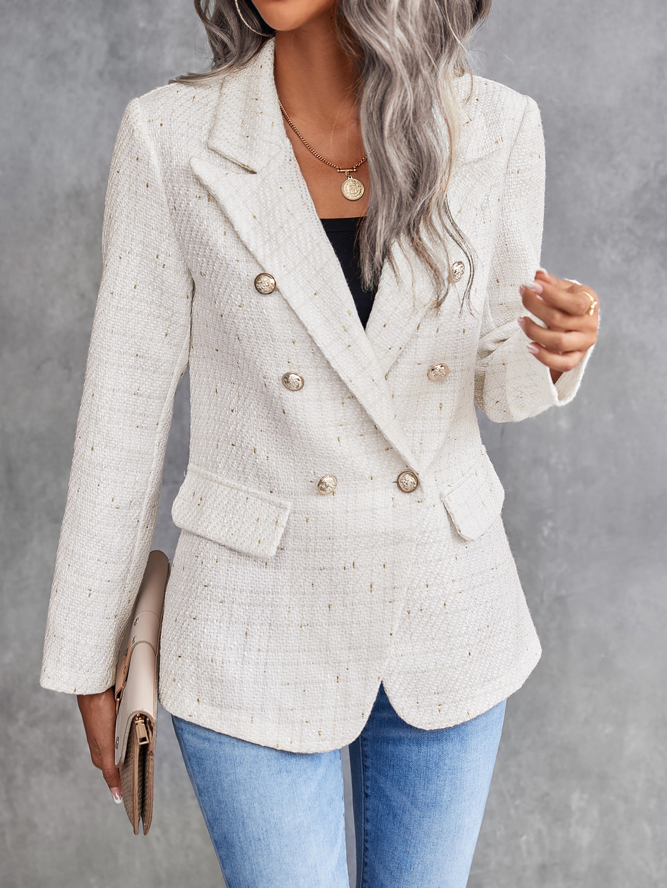 SHEIN Clasi Lapel Neck Double Breasted Tweed Blazer SHEIN EUR main 2