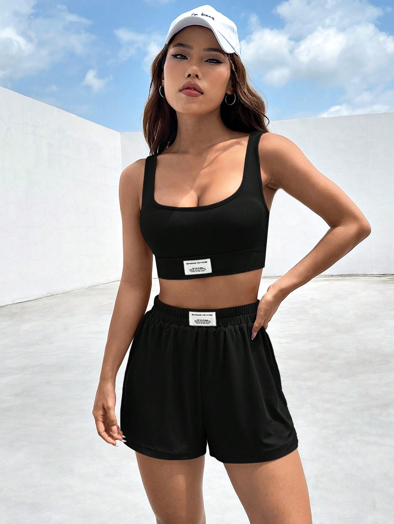 SHEIN EZwear Black Tight Letter Patched Detail Crop Tank Top Slim Fit Shorts Summer Womens Two Piece Set SHEIN EUR main 5