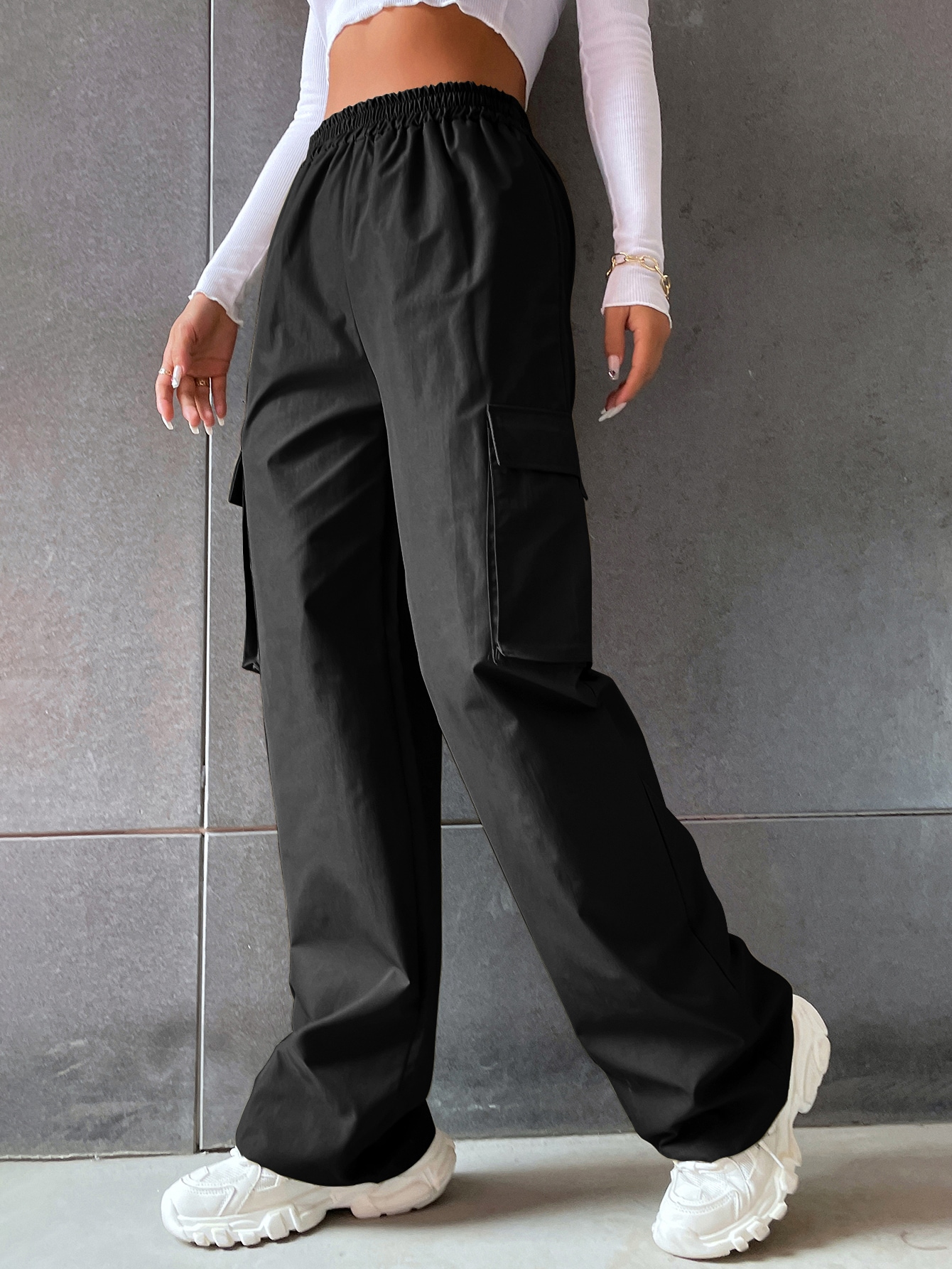 SHEIN EZwear Solid High Waist Flap Pocket Cargo Pants SHEIN EUR main 6