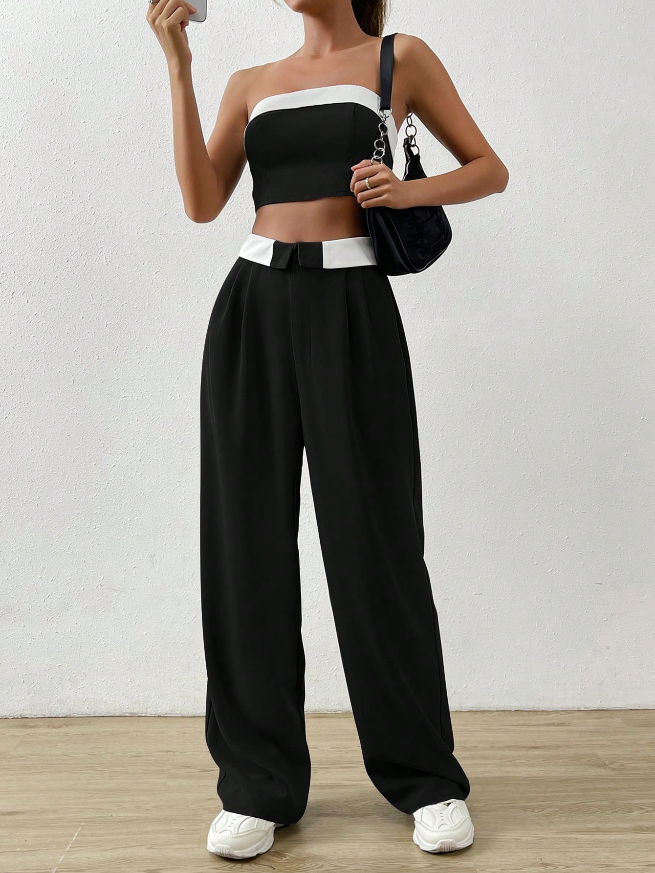 SHEIN EZwear Summer SetsContrast Trim Tube Top Folded Waist Wide Leg Pants SHEIN EUR main 6