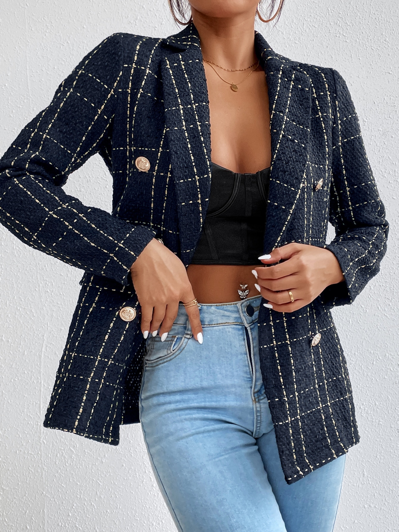 SHEIN Frenchy Plaid Double Breasted Tweed Overcoat SHEIN EUR main 0