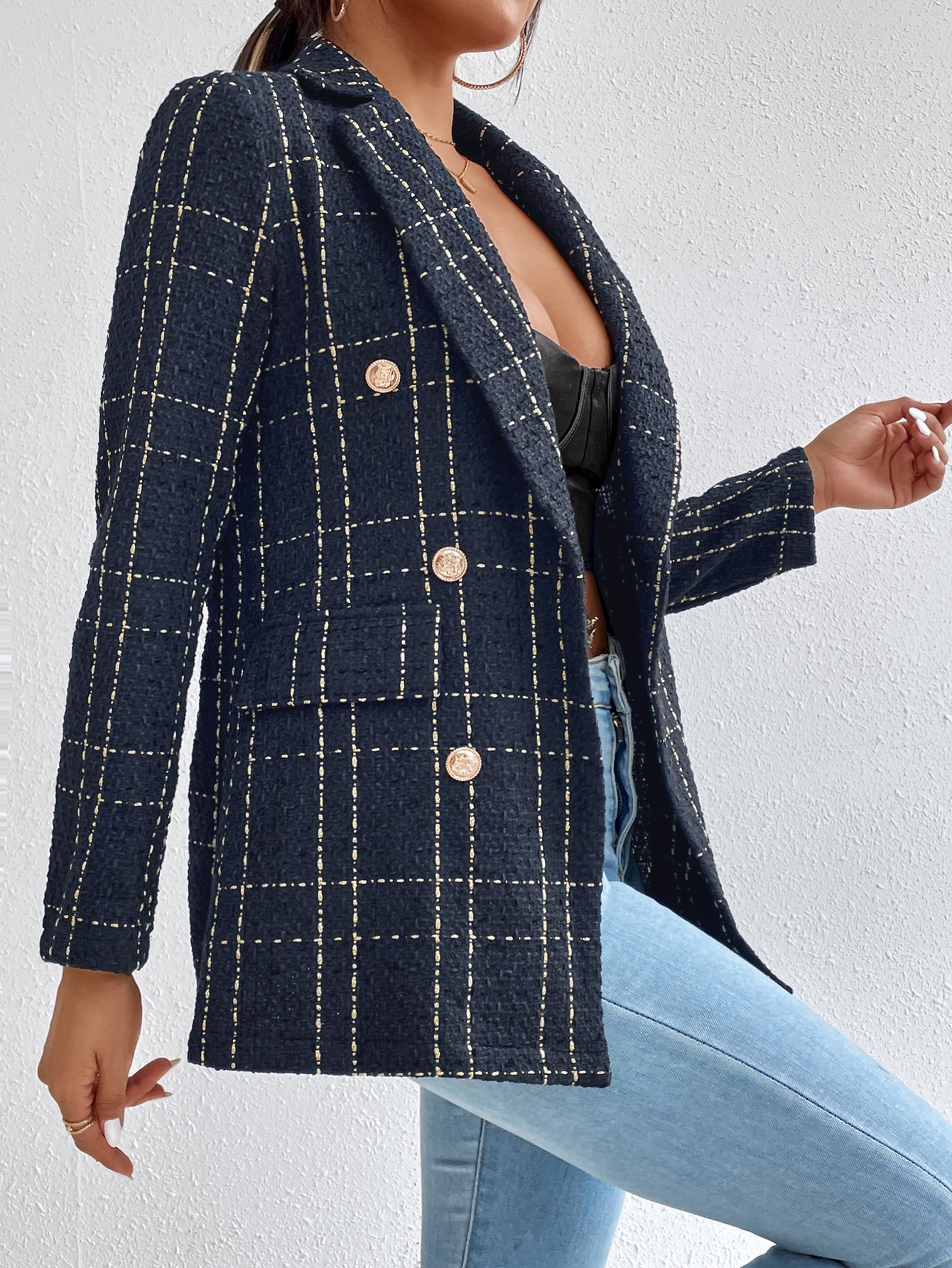 SHEIN Frenchy Plaid Double Breasted Tweed Overcoat SHEIN EUR main 2