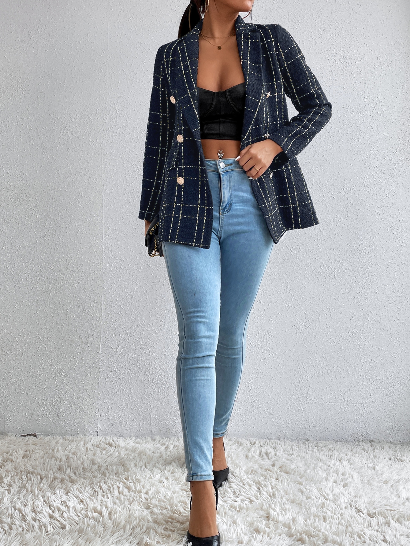 SHEIN Frenchy Plaid Double Breasted Tweed Overcoat SHEIN EUR main 3