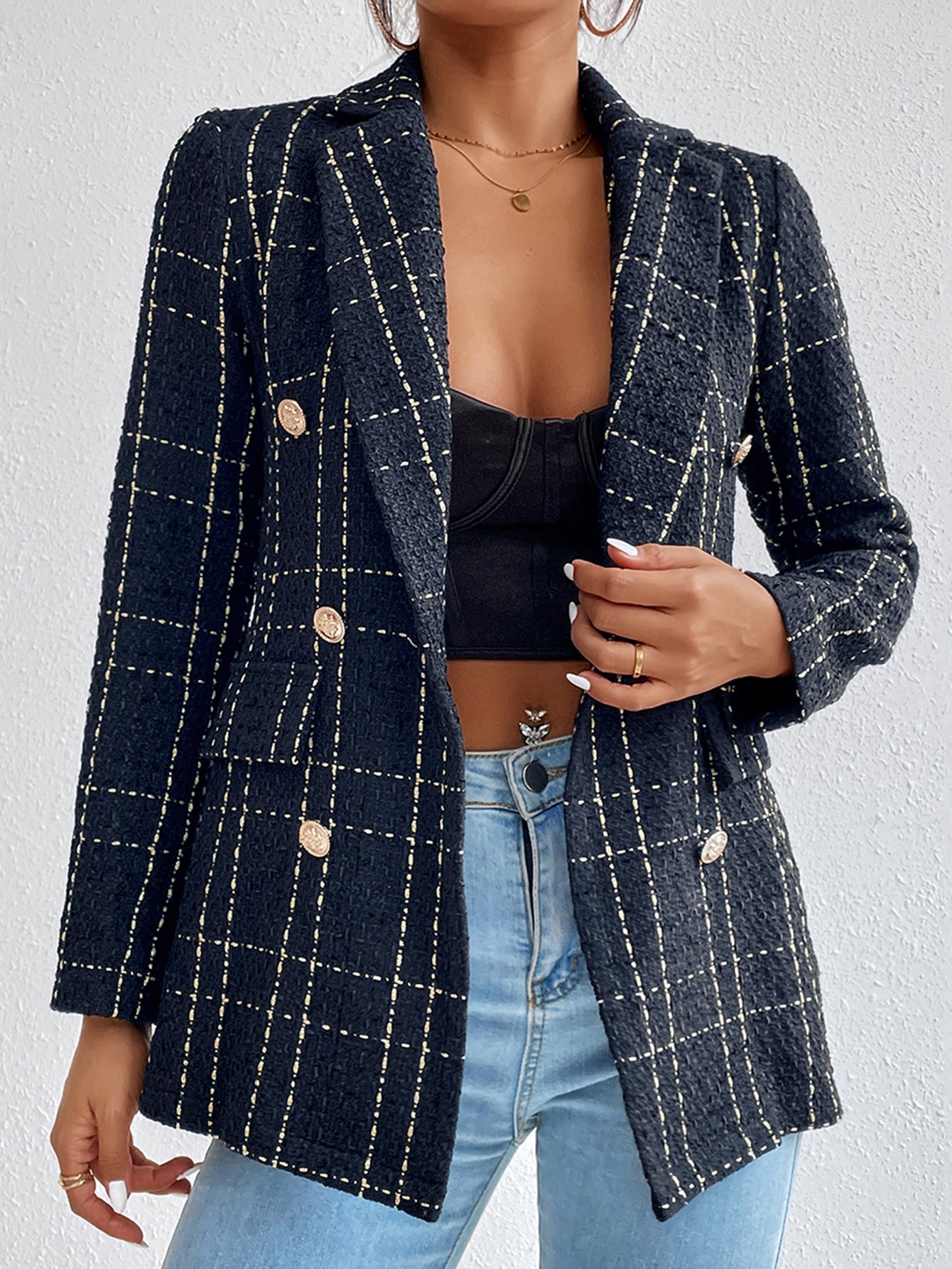 SHEIN Frenchy Plaid Double Breasted Tweed Overcoat SHEIN EUR main 4