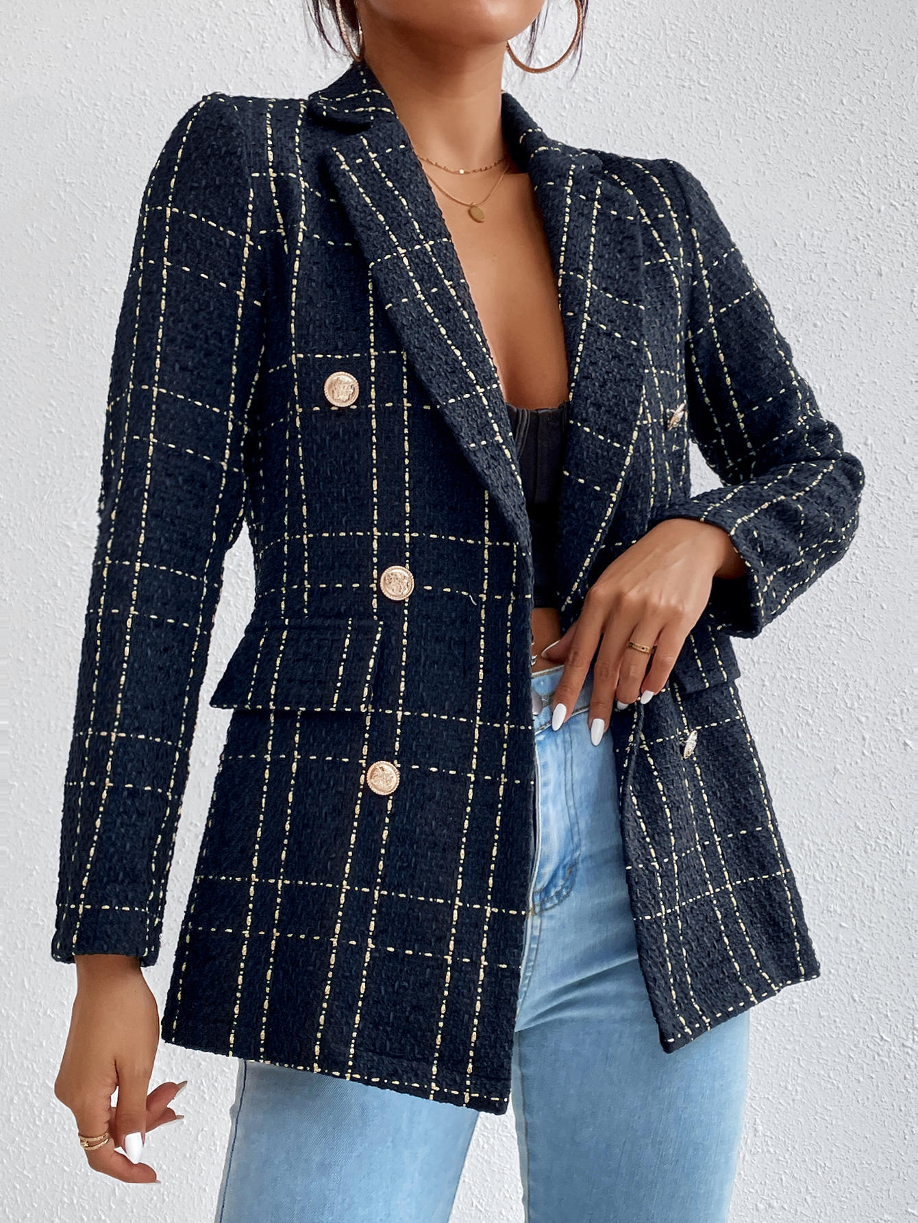 SHEIN Frenchy Plaid Double Breasted Tweed Overcoat SHEIN EUR main 5