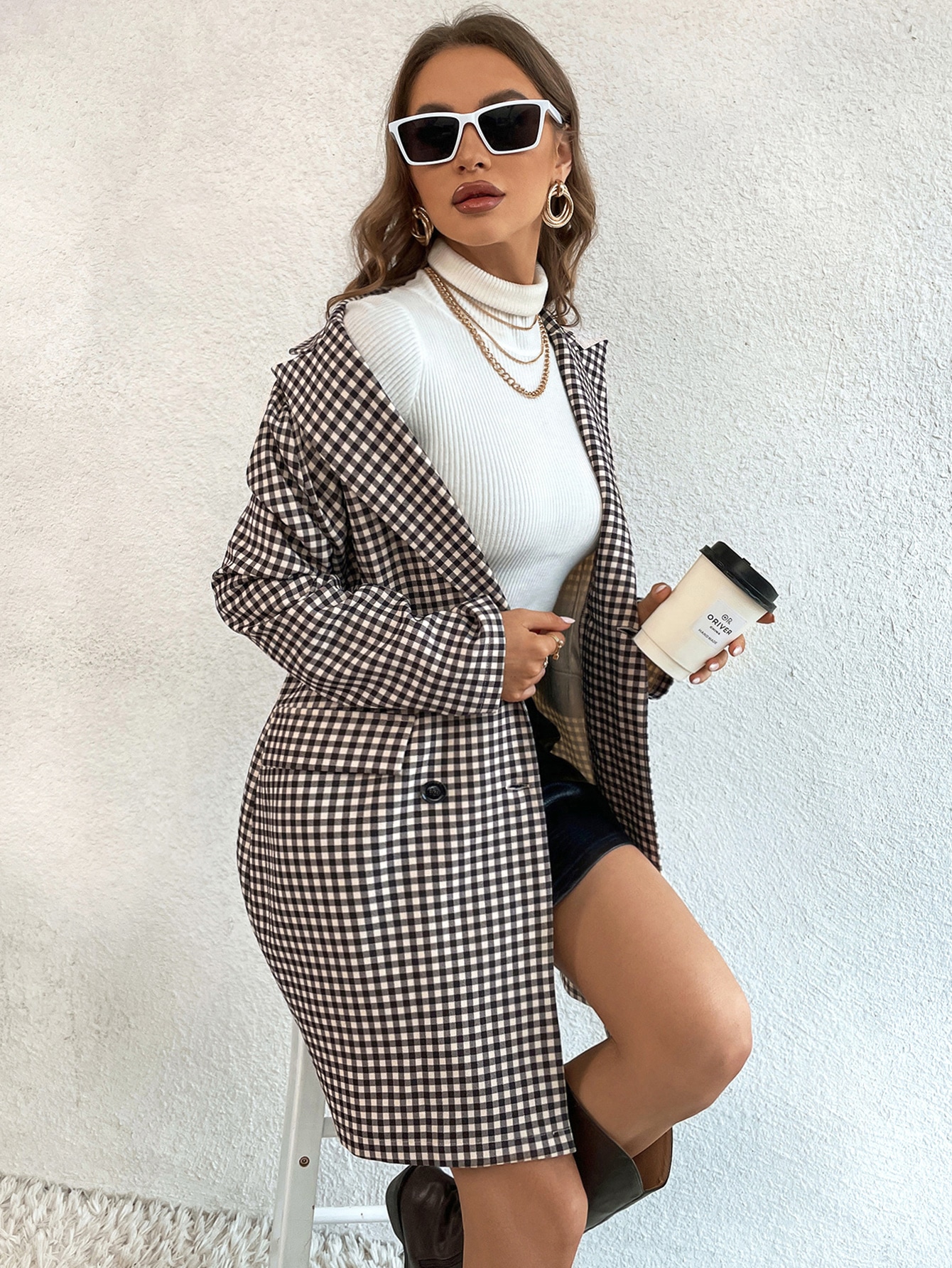 SHEIN Priv Gingham Print Flap Detail Blazer SHEIN EUR main 2
