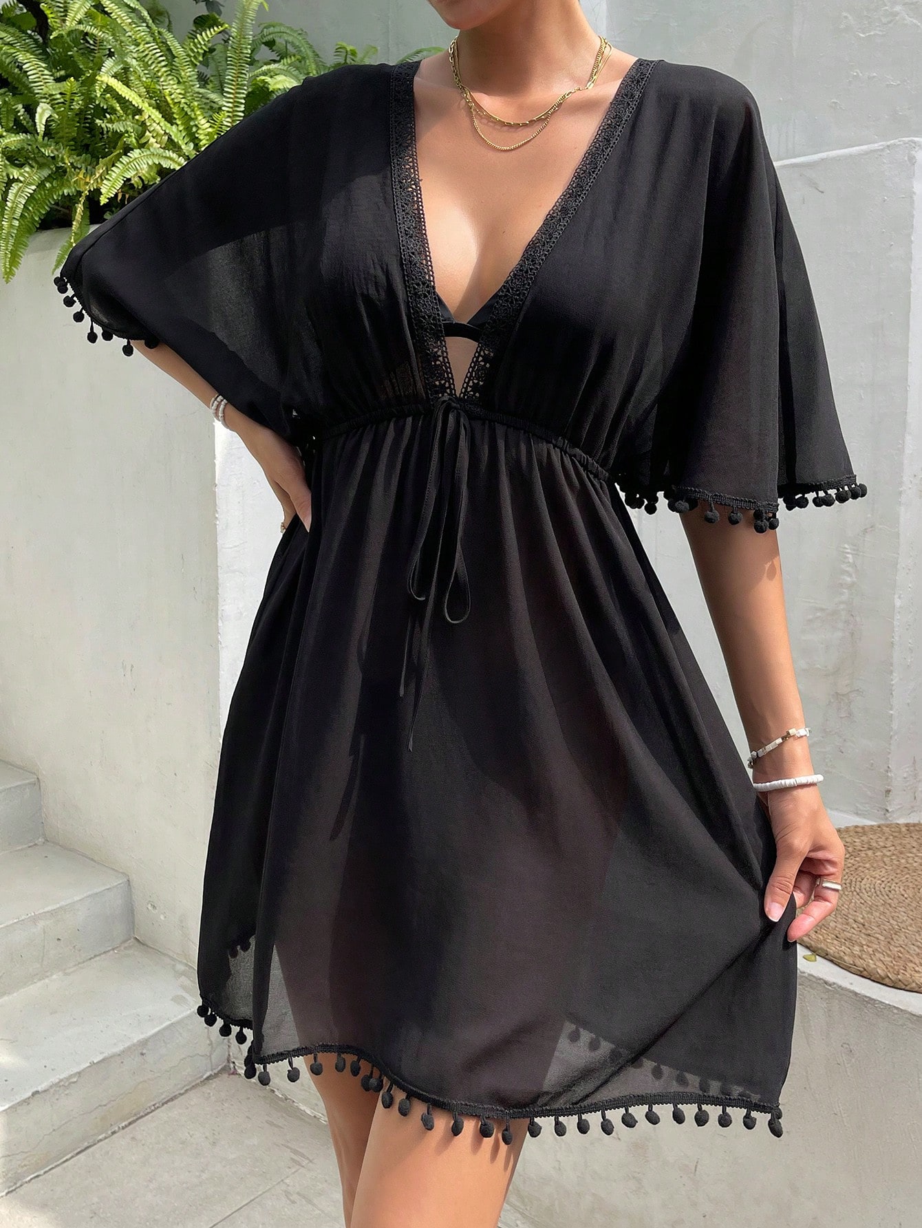 SHEIN Swim Basics Pom Pom Trim Tie Front Cover Up Swimsuit Cover Up DressSummer Beach SHEIN EUR main 2