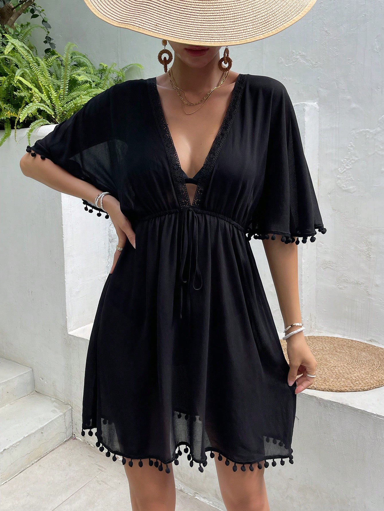 SHEIN Swim Basics Pom Pom Trim Tie Front Cover Up Swimsuit Cover Up DressSummer Beach SHEIN EUR main 4