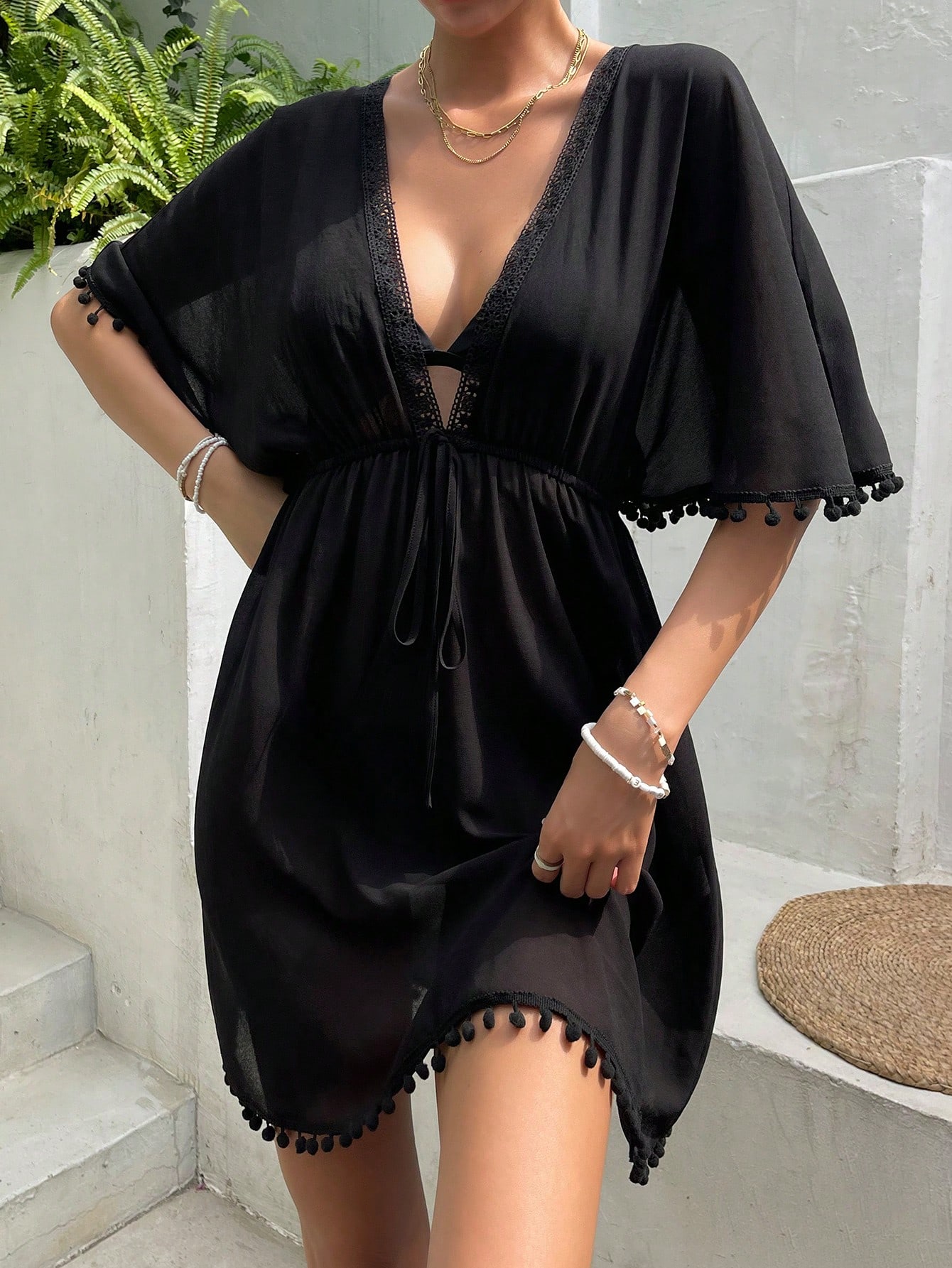 SHEIN Swim Basics Pom Pom Trim Tie Front Cover Up Swimsuit Cover Up DressSummer Beach SHEIN EUR main 5