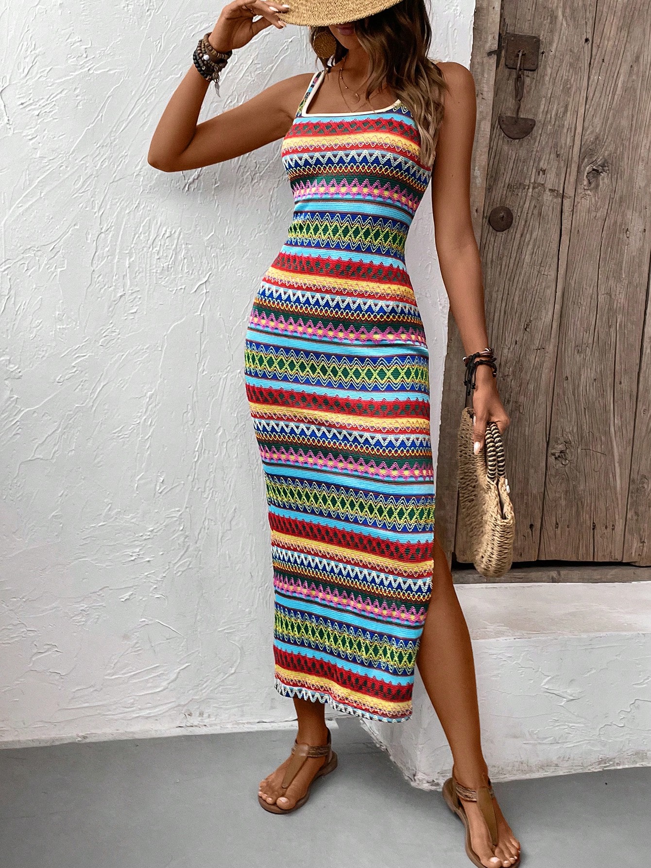 SHEIN VCAY Summer Beach Geo Printed Slit Slim Fit Slip Long Dress SHEIN EUR main 2
