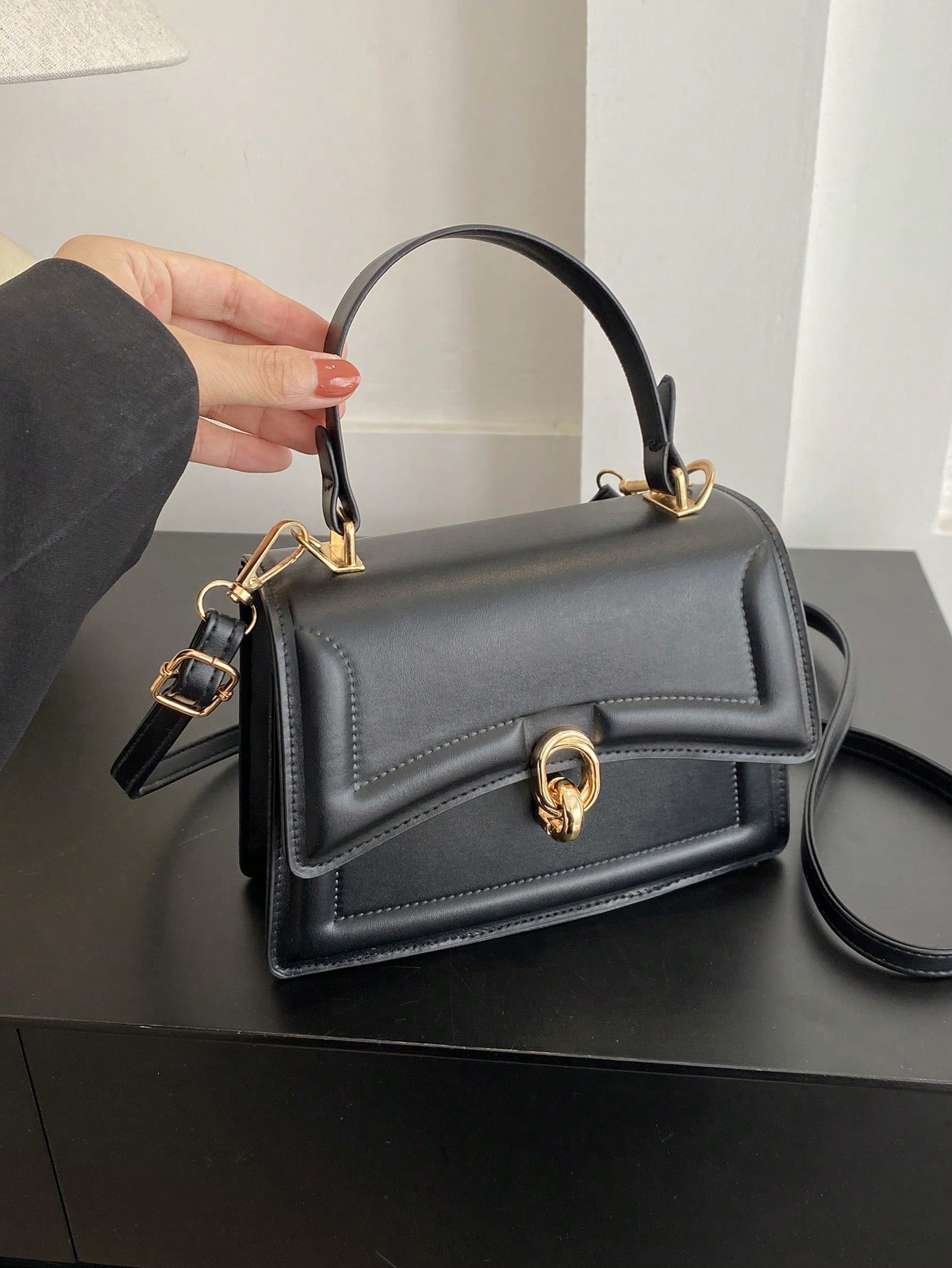Black Flap Square Bag Minimalist Top Handle PU SHEIN EUR main 1