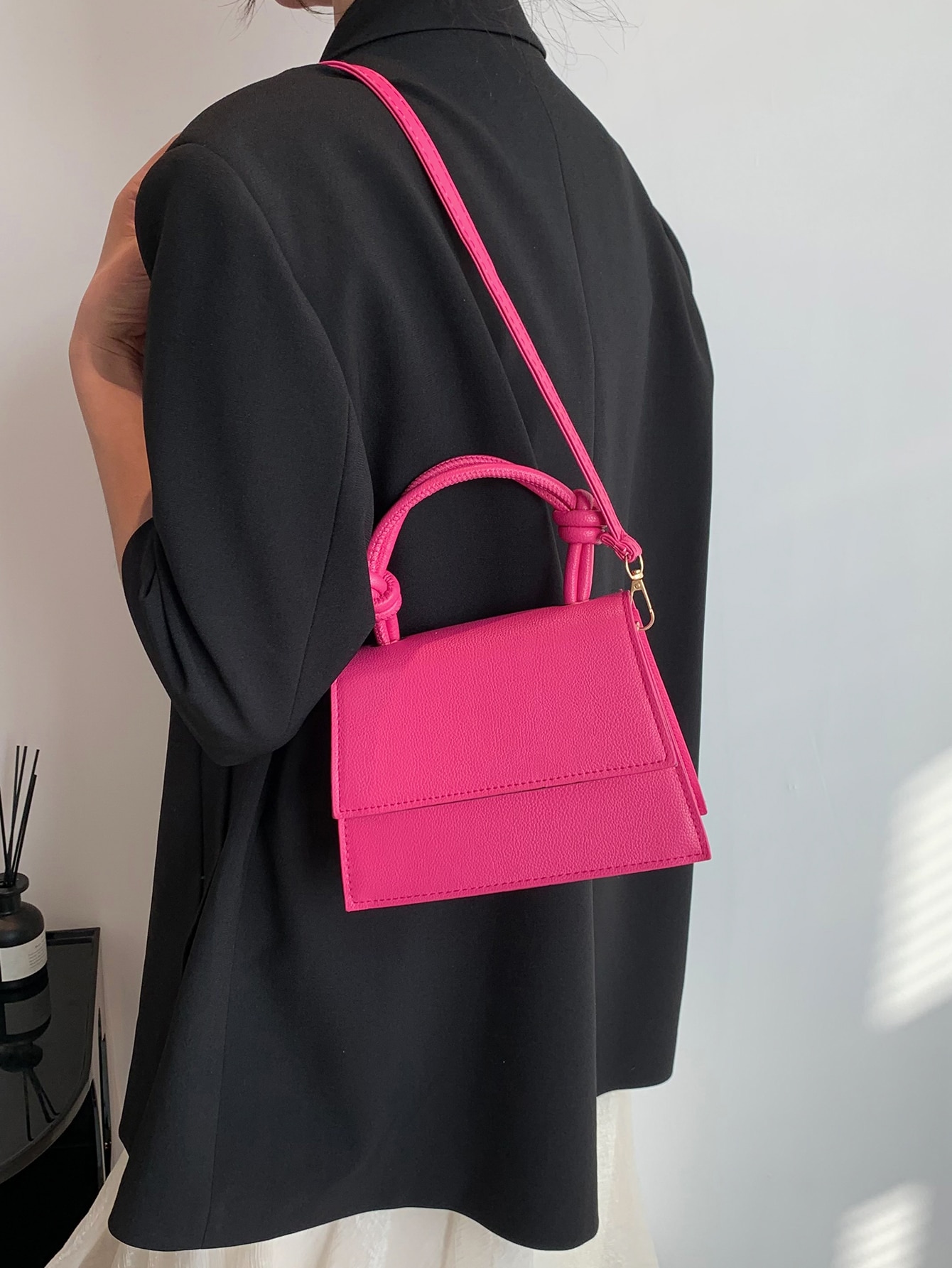 Mini Flap Square Bag Knot Decor Handle Neon Pink SHEIN EUR main 2