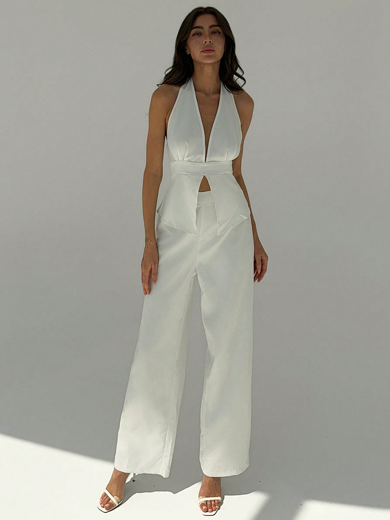 SHEIN Aloruh Elegant And Slightly Sexy White Commuter Vest And High Waisted Wide Leg Pants Set With Deep V Back Slimming And Lengthening SHEIN EUR main 3