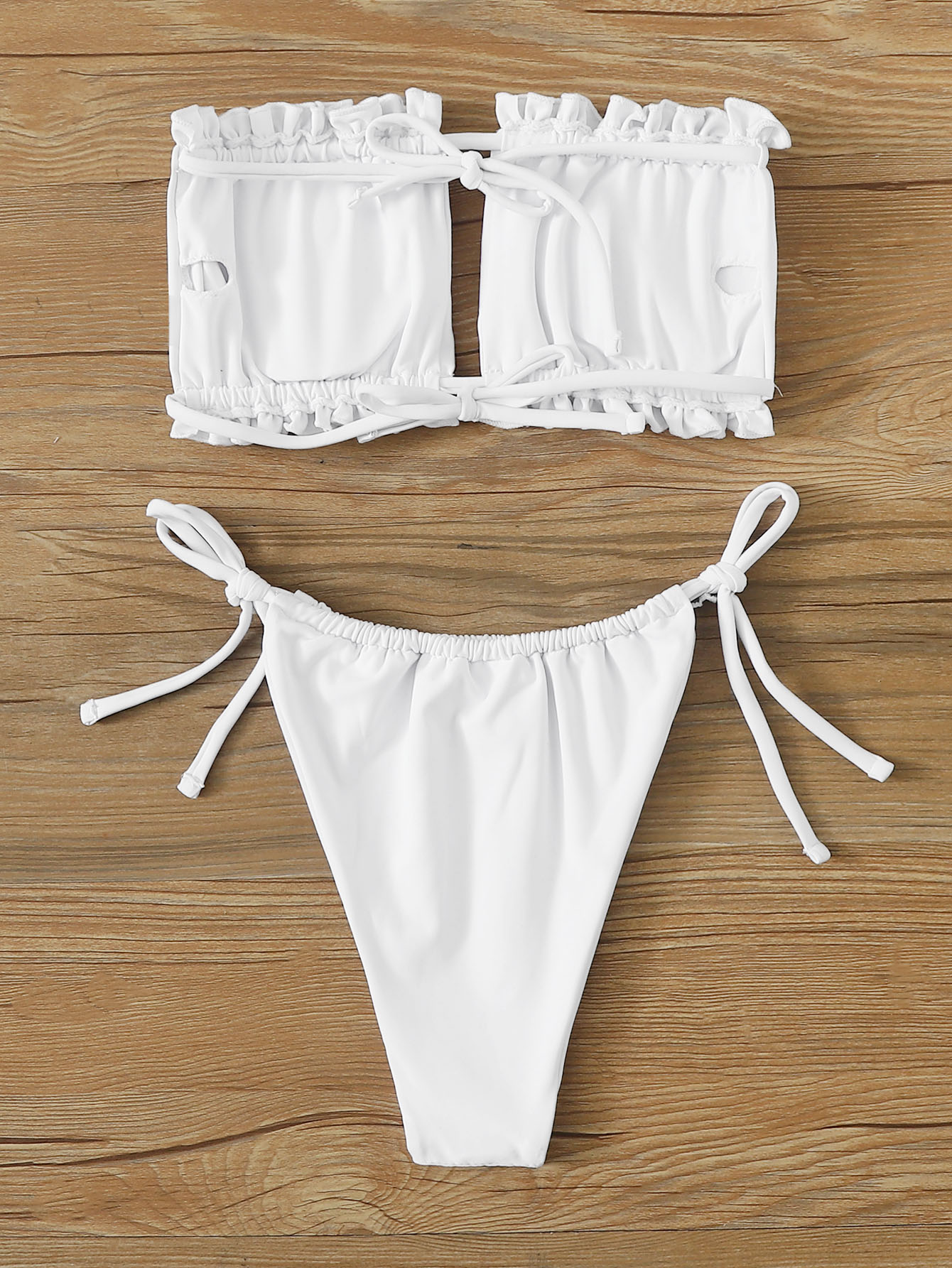 SHEIN Swim Summer Beach Ruched Bikini Set Frill Trim Tie Back Bandeau Top Tie Side Bottom 2 Piece Bathing Suit SHEIN EUR main 1