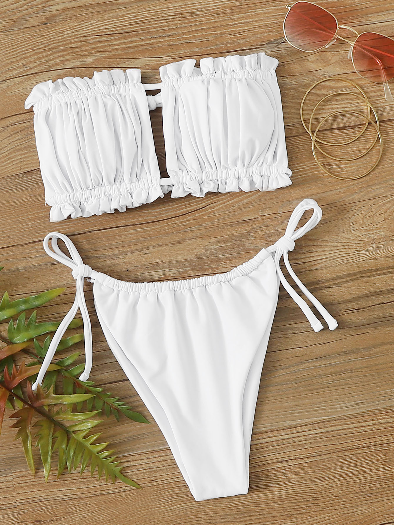 SHEIN Swim Summer Beach Ruched Bikini Set Frill Trim Tie Back Bandeau Top Tie Side Bottom 2 Piece Bathing Suit SHEIN EUR main 2