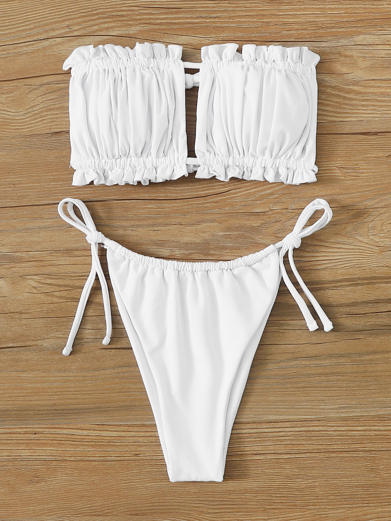 SHEIN Swim Summer Beach Ruched Bikini Set Frill Trim Tie Back Bandeau Top Tie Side Bottom 2 Piece Bathing Suit SHEIN EUR main 5