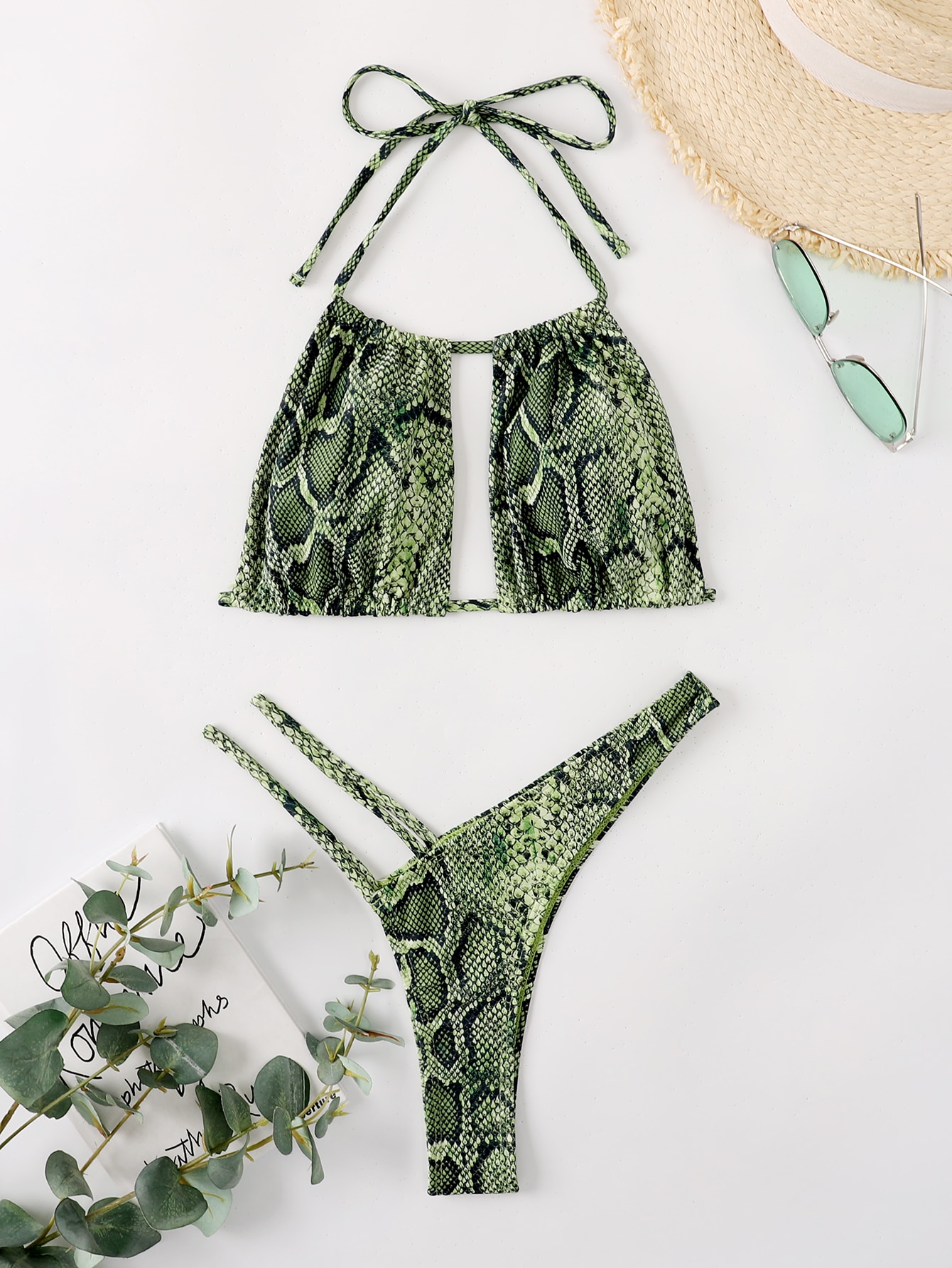 SHEIN Swim Summer Beach Snakeskin Print Halter High Cut Bikini SHEIN EUR main 3