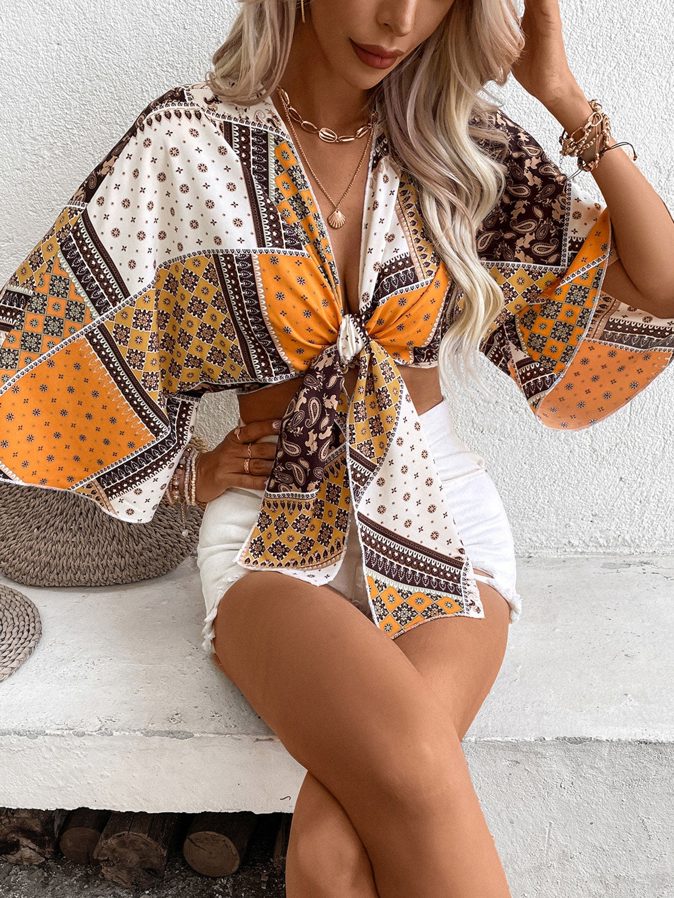 SHEIN VCAY Paisley Scarf Print Tie Front Crop Top SHEIN EUR main 2
