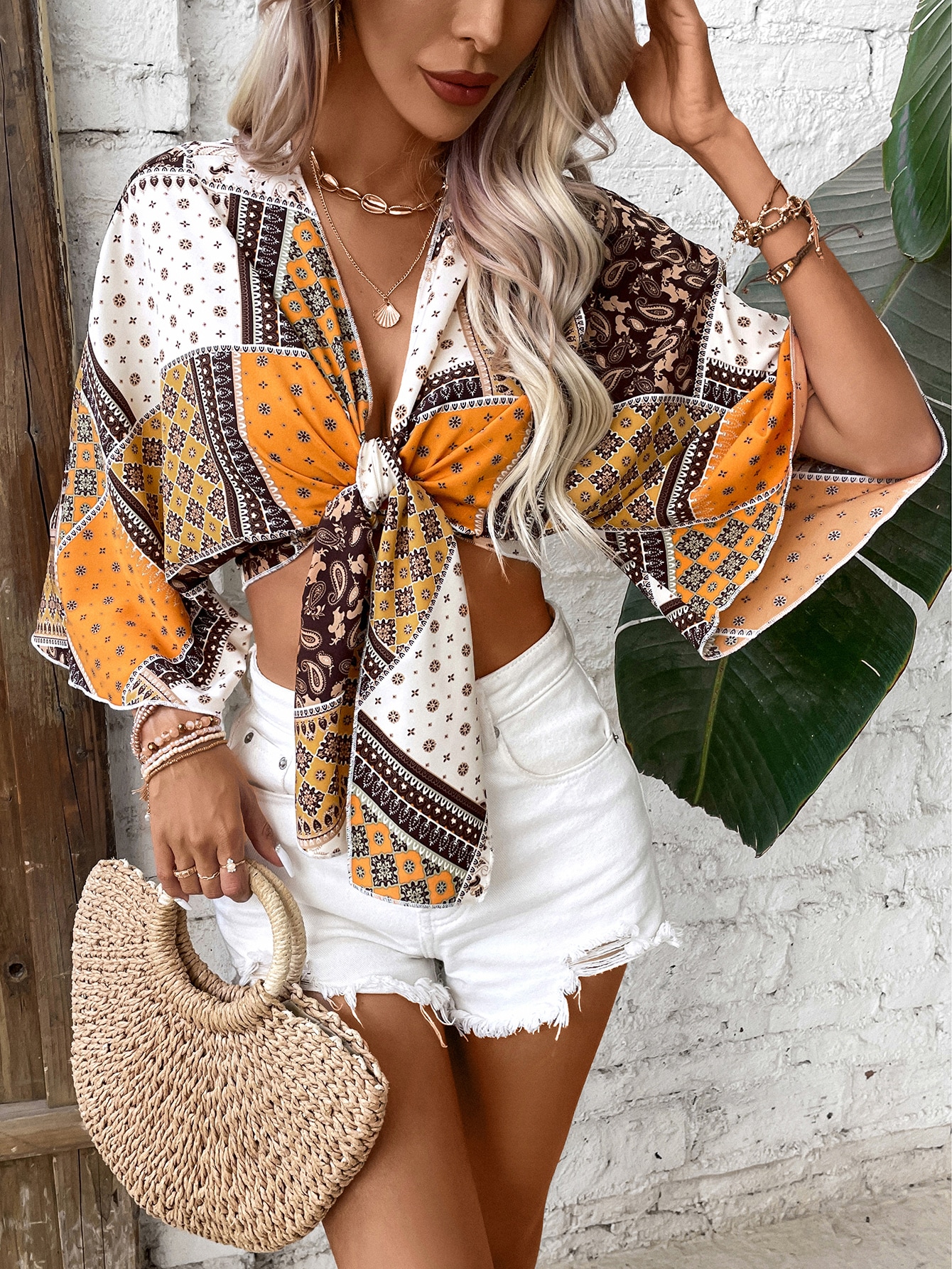 SHEIN VCAY Paisley Scarf Print Tie Front Crop Top SHEIN EUR main 4