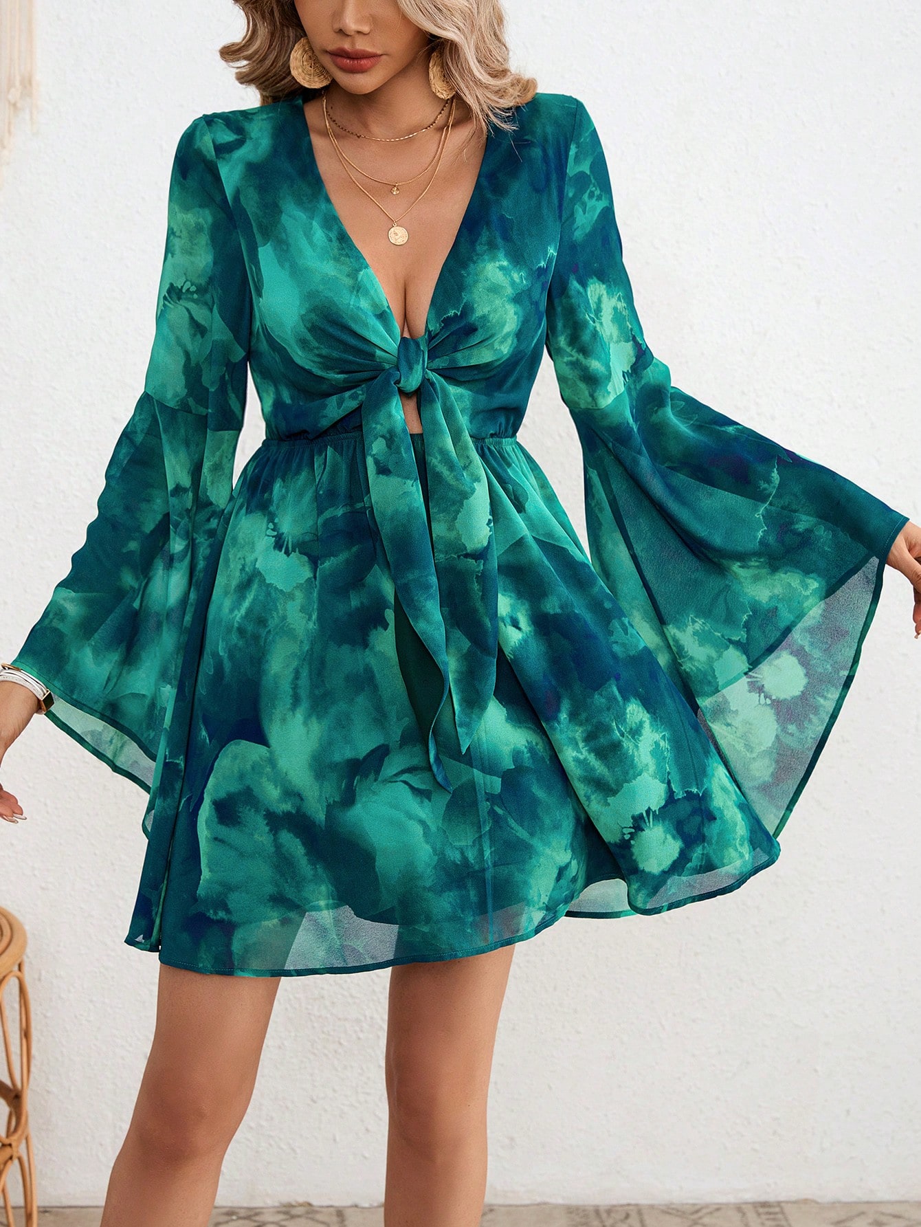 SHEIN VCAY Vacation Woven Chiffon Sfumato Pattern Printed V Neck Front Collar Bow Flare Irregular Long Sleeve Mini Sundress Summer Dress For Women Dress To Impress 25 Styles SHEIN EUR main 0