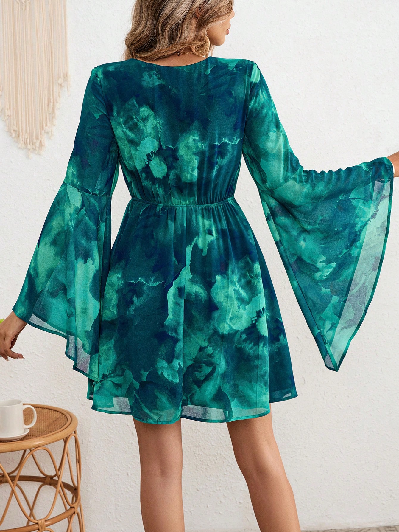 SHEIN VCAY Vacation Woven Chiffon Sfumato Pattern Printed V Neck Front Collar Bow Flare Irregular Long Sleeve Mini Sundress Summer Dress For Women Dress To Impress 25 Styles SHEIN EUR main 1