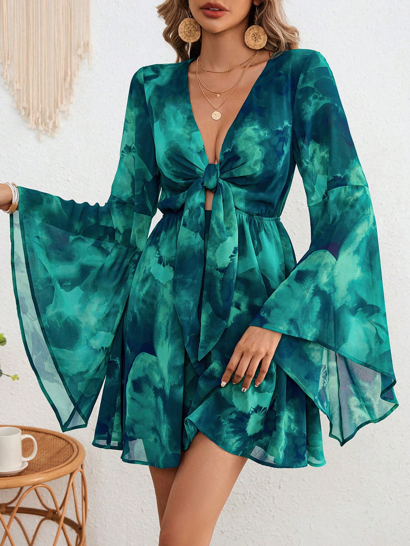 SHEIN VCAY Vacation Woven Chiffon Sfumato Pattern Printed V Neck Front Collar Bow Flare Irregular Long Sleeve Mini Sundress Summer Dress For Women Dress To Impress 25 Styles SHEIN EUR main 2