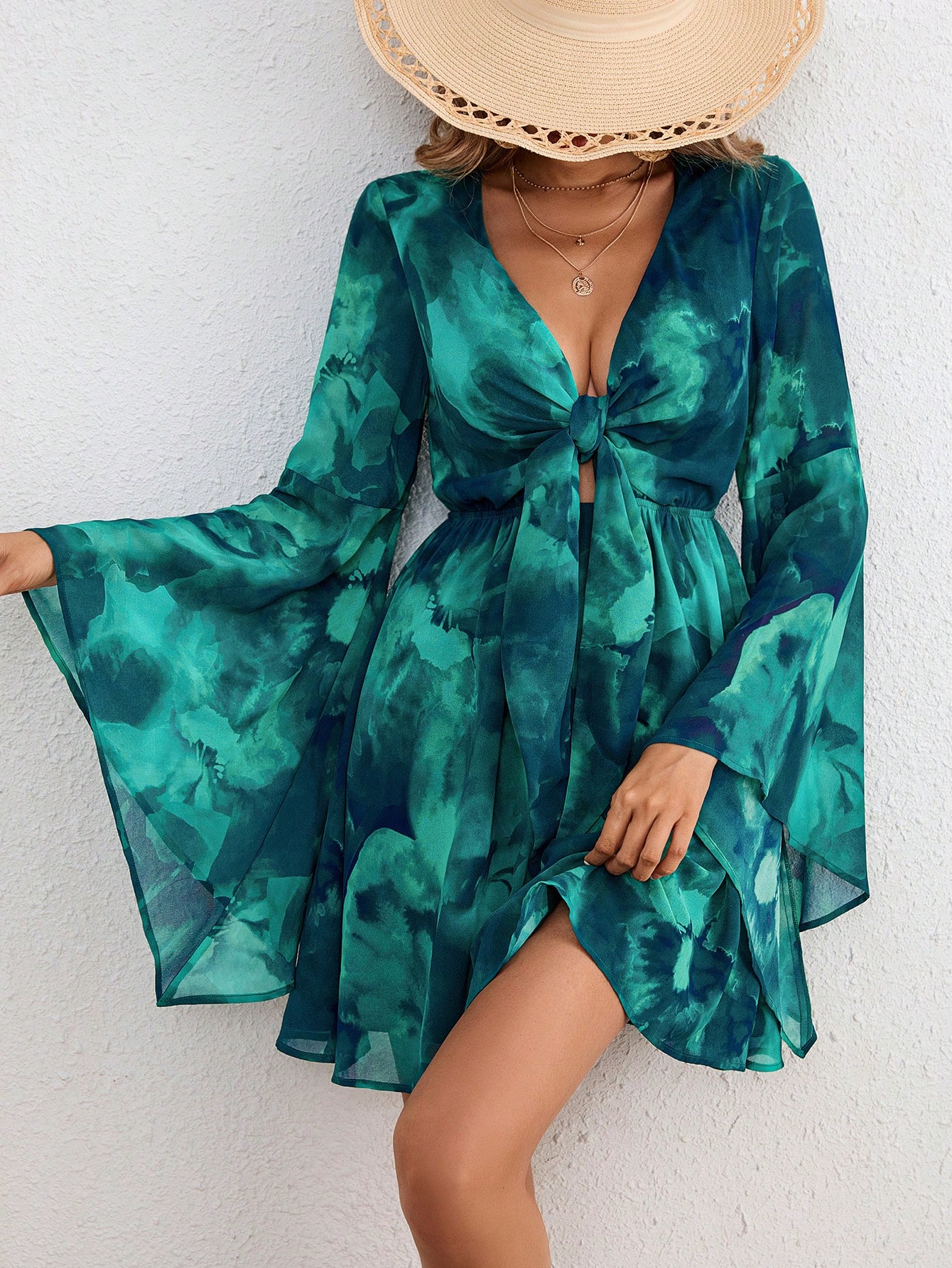 SHEIN VCAY Vacation Woven Chiffon Sfumato Pattern Printed V Neck Front Collar Bow Flare Irregular Long Sleeve Mini Sundress Summer Dress For Women Dress To Impress 25 Styles SHEIN EUR main 5