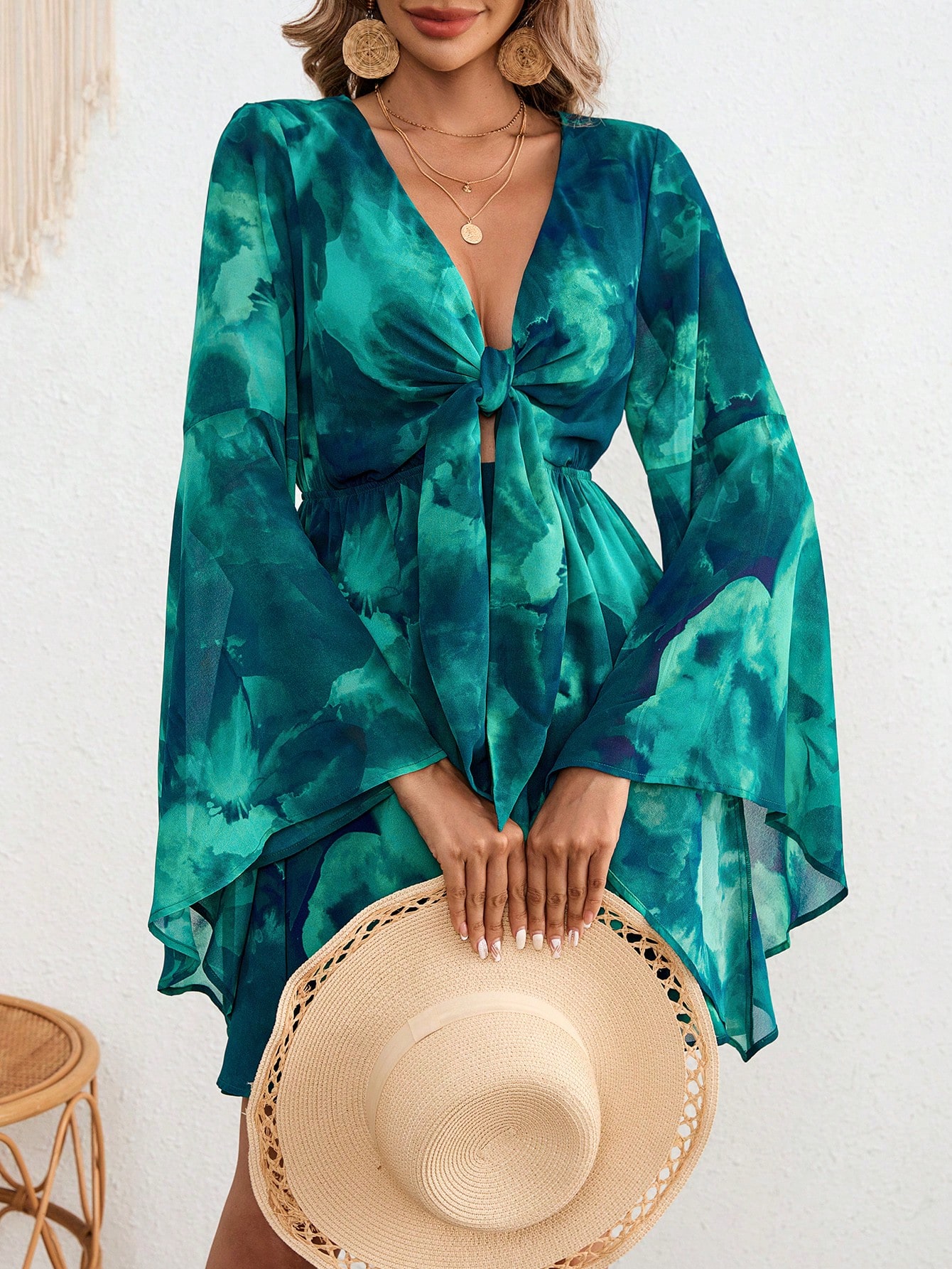 SHEIN VCAY Vacation Woven Chiffon Sfumato Pattern Printed V Neck Front Collar Bow Flare Irregular Long Sleeve Mini Sundress Summer Dress For Women Dress To Impress 25 Styles SHEIN EUR main 6