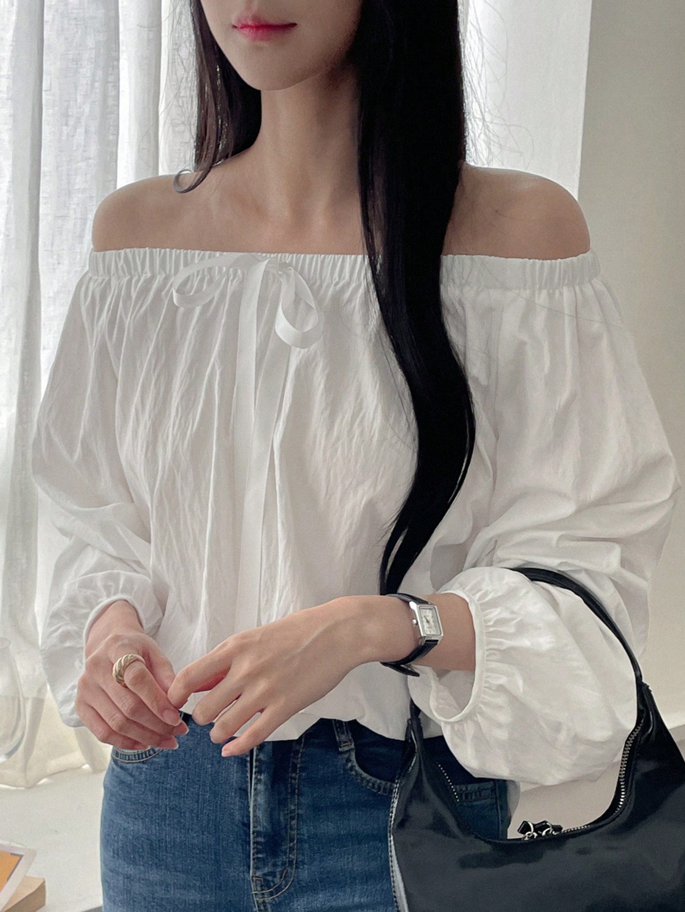 DAZY Womens Solid Color Front Tie Off Shoulder Long Sleeve Loose Blouse Spring Summer SHEIN EUR main 0