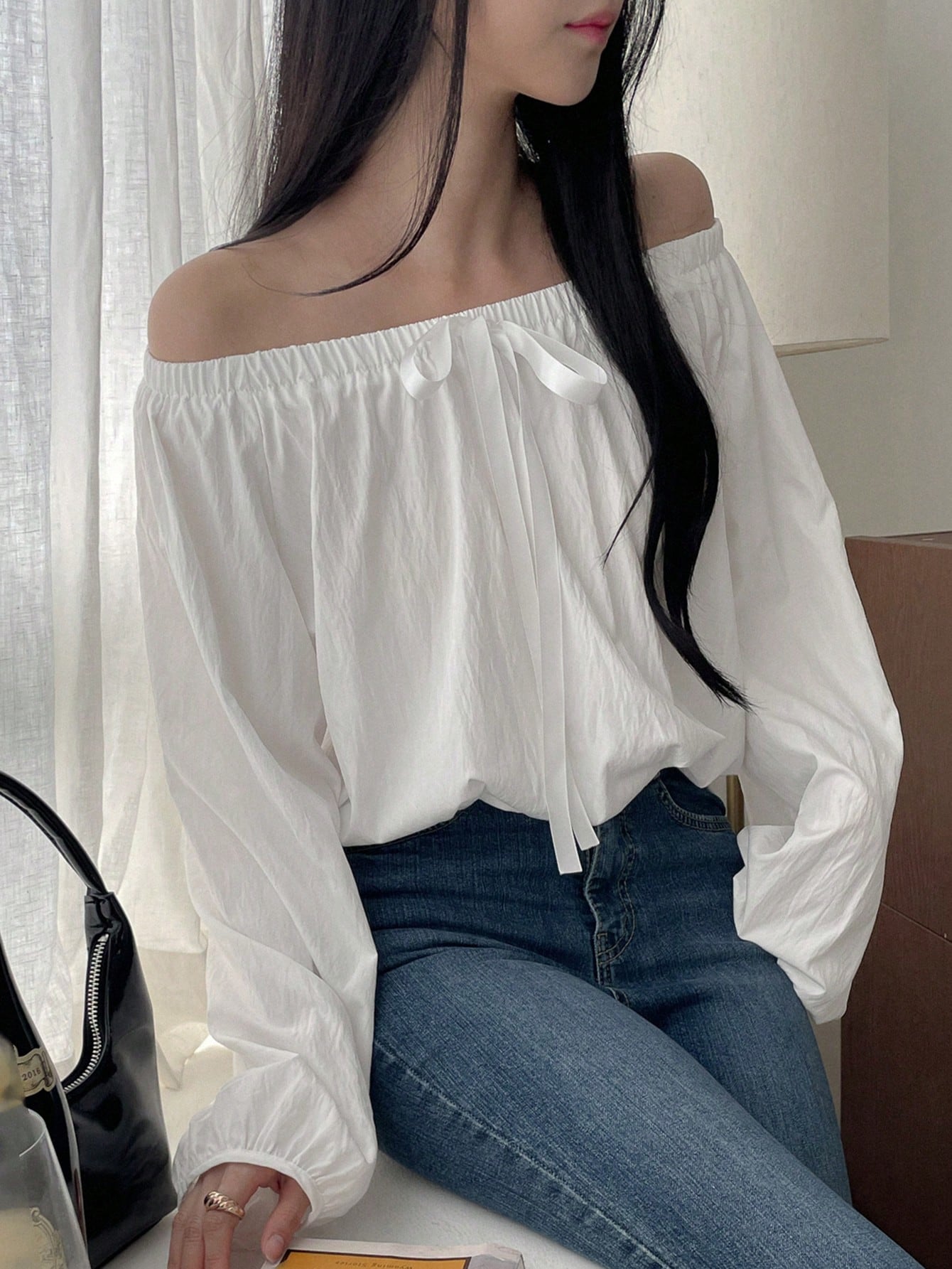 DAZY Womens Solid Color Front Tie Off Shoulder Long Sleeve Loose Blouse Spring Summer SHEIN EUR main 3