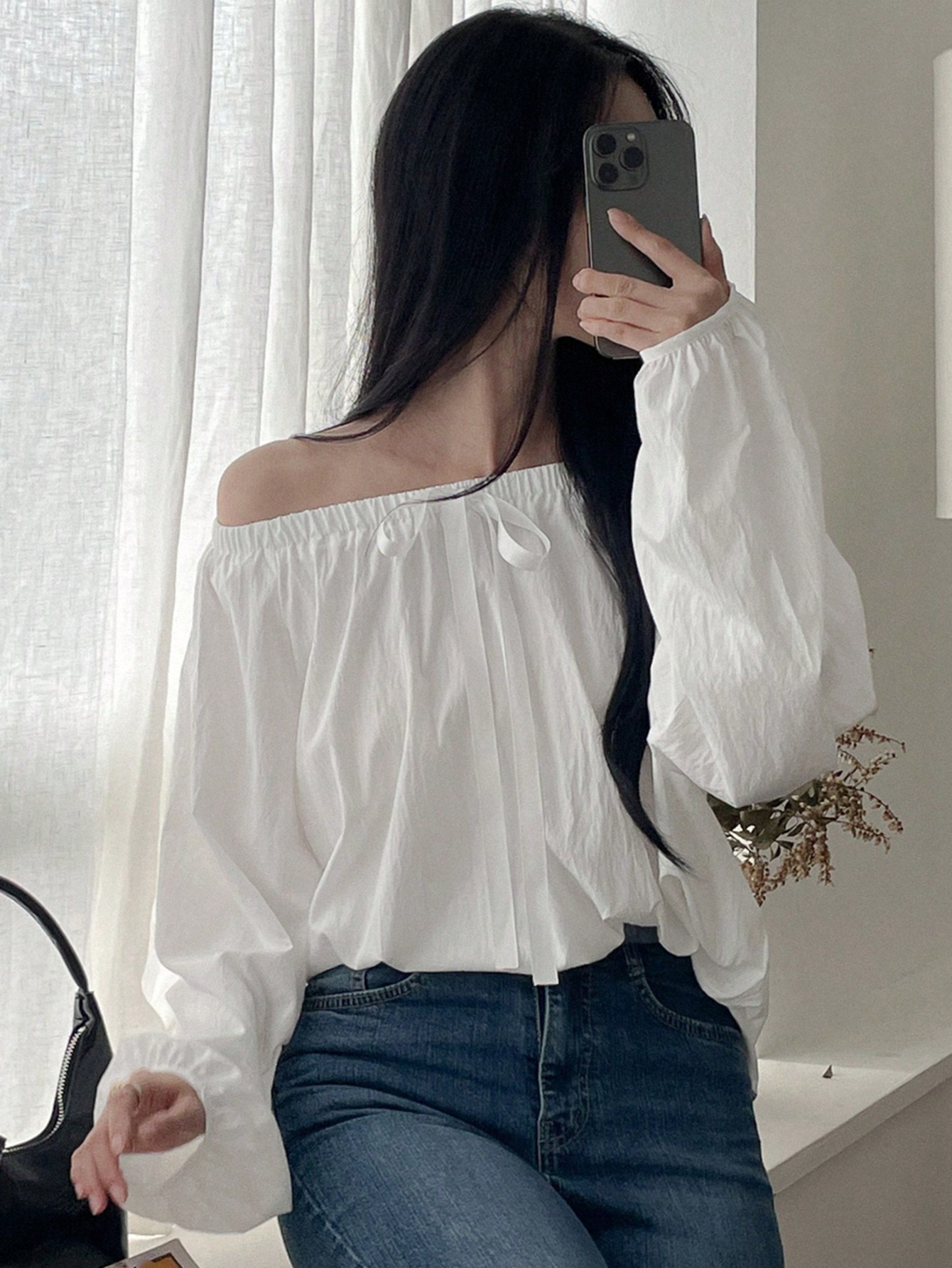 DAZY Womens Solid Color Front Tie Off Shoulder Long Sleeve Loose Blouse Spring Summer SHEIN EUR main 4