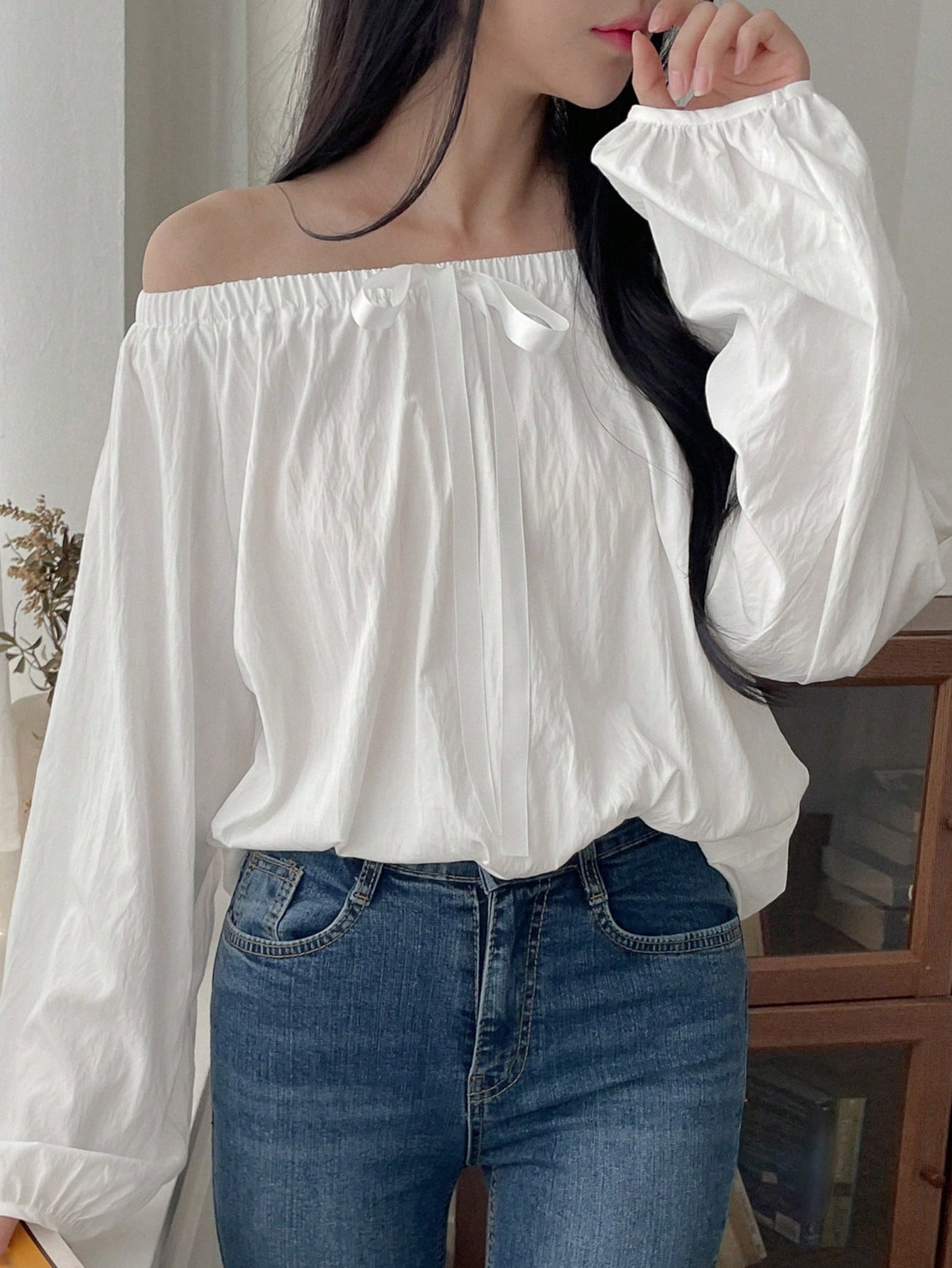 DAZY Womens Solid Color Front Tie Off Shoulder Long Sleeve Loose Blouse Spring Summer SHEIN EUR main 5