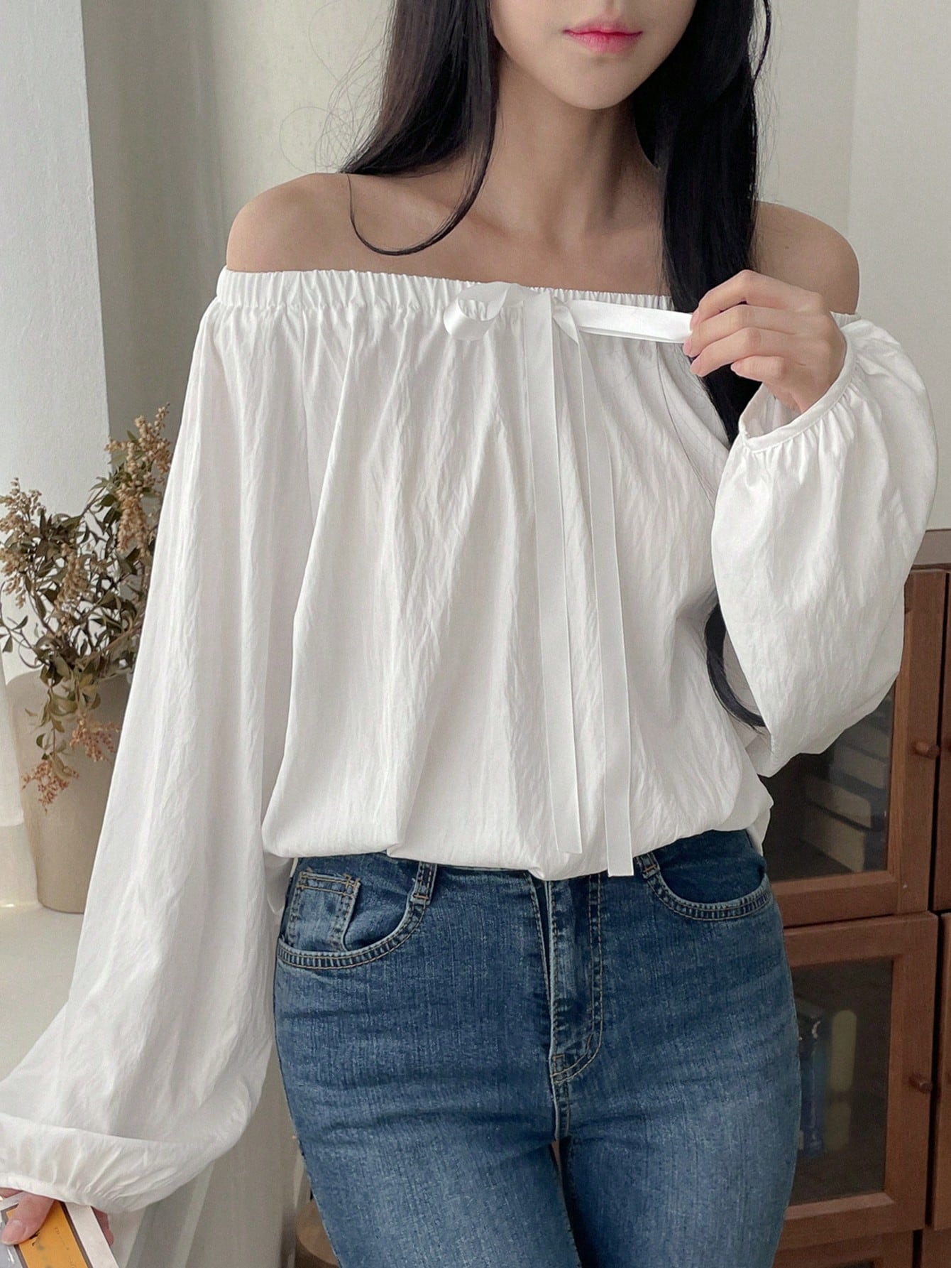 DAZY Womens Solid Color Front Tie Off Shoulder Long Sleeve Loose Blouse Spring Summer SHEIN EUR main 6