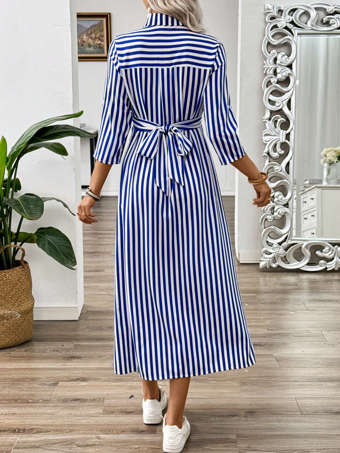 SHEIN Frenchy Blue White Striped French Twist Front Shrink Decor Mid Length Sleeve Womens Summer Long Dress With Buckle SHEIN EUR main 1