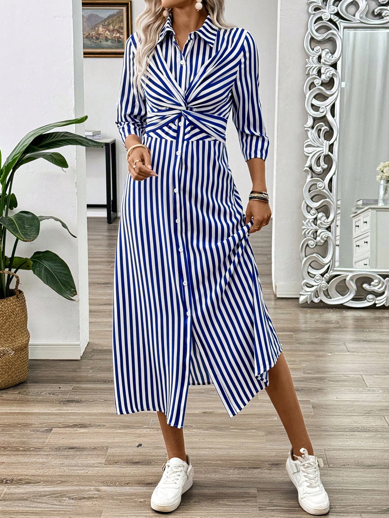SHEIN Frenchy Blue White Striped French Twist Front Shrink Decor Mid Length Sleeve Womens Summer Long Dress With Buckle SHEIN EUR main 2