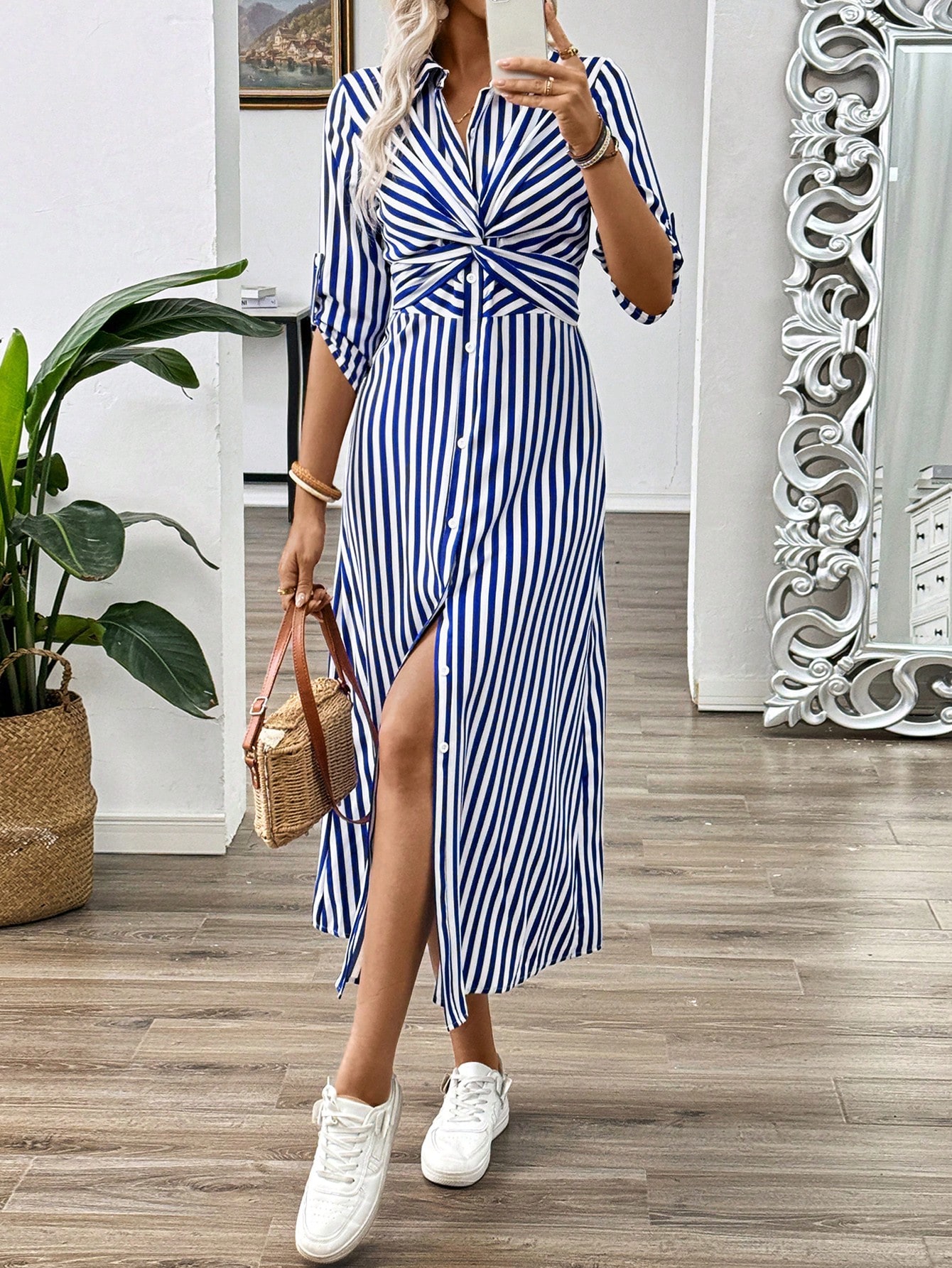 SHEIN Frenchy Blue White Striped French Twist Front Shrink Decor Mid Length Sleeve Womens Summer Long Dress With Buckle SHEIN EUR main 3