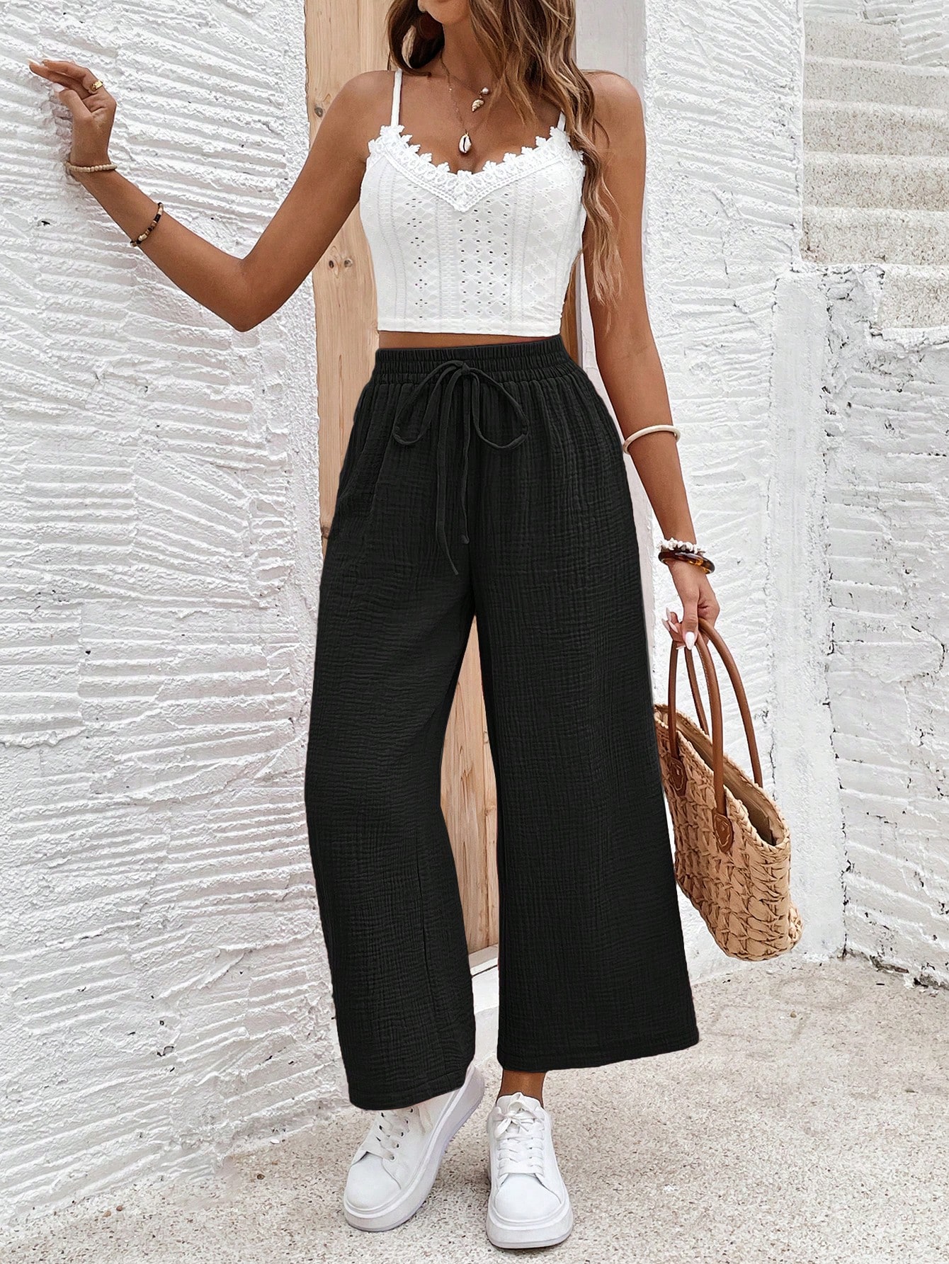 SHEIN Frenchy Womens Solid Color High Waist Tie Waist Loose Wide Leg Casual Pants SHEIN EUR main 3