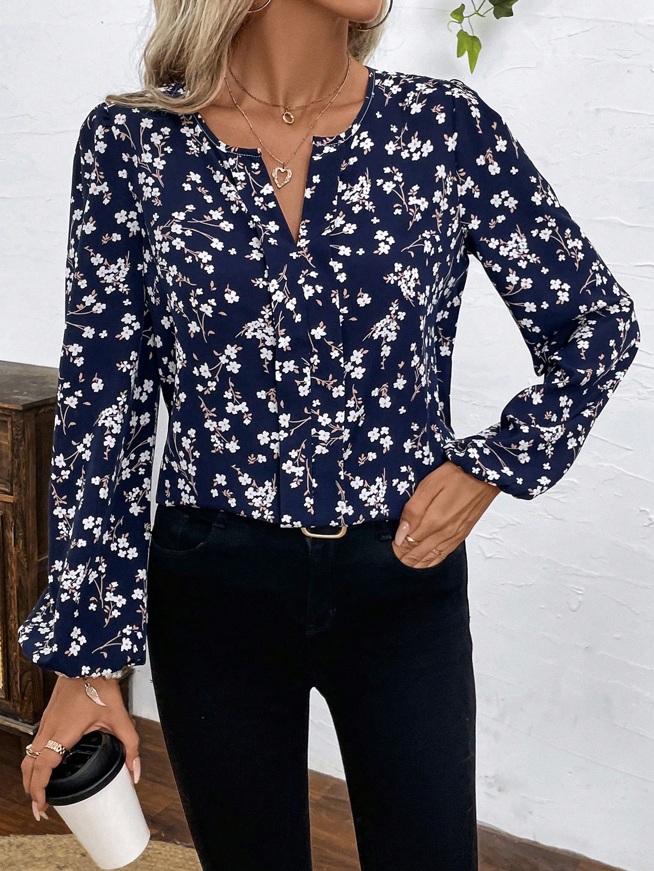 SHEIN LUNE Ladies Dark Long Sleeve Ditsy Floral Print Shirt SHEIN EUR main 6
