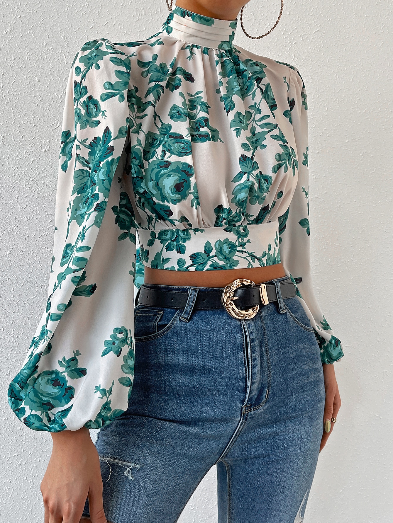 SHEIN Priv Spring Break Floral Print Tie Backless Bishop Sleeve Crop Blouse SHEIN EUR main 1