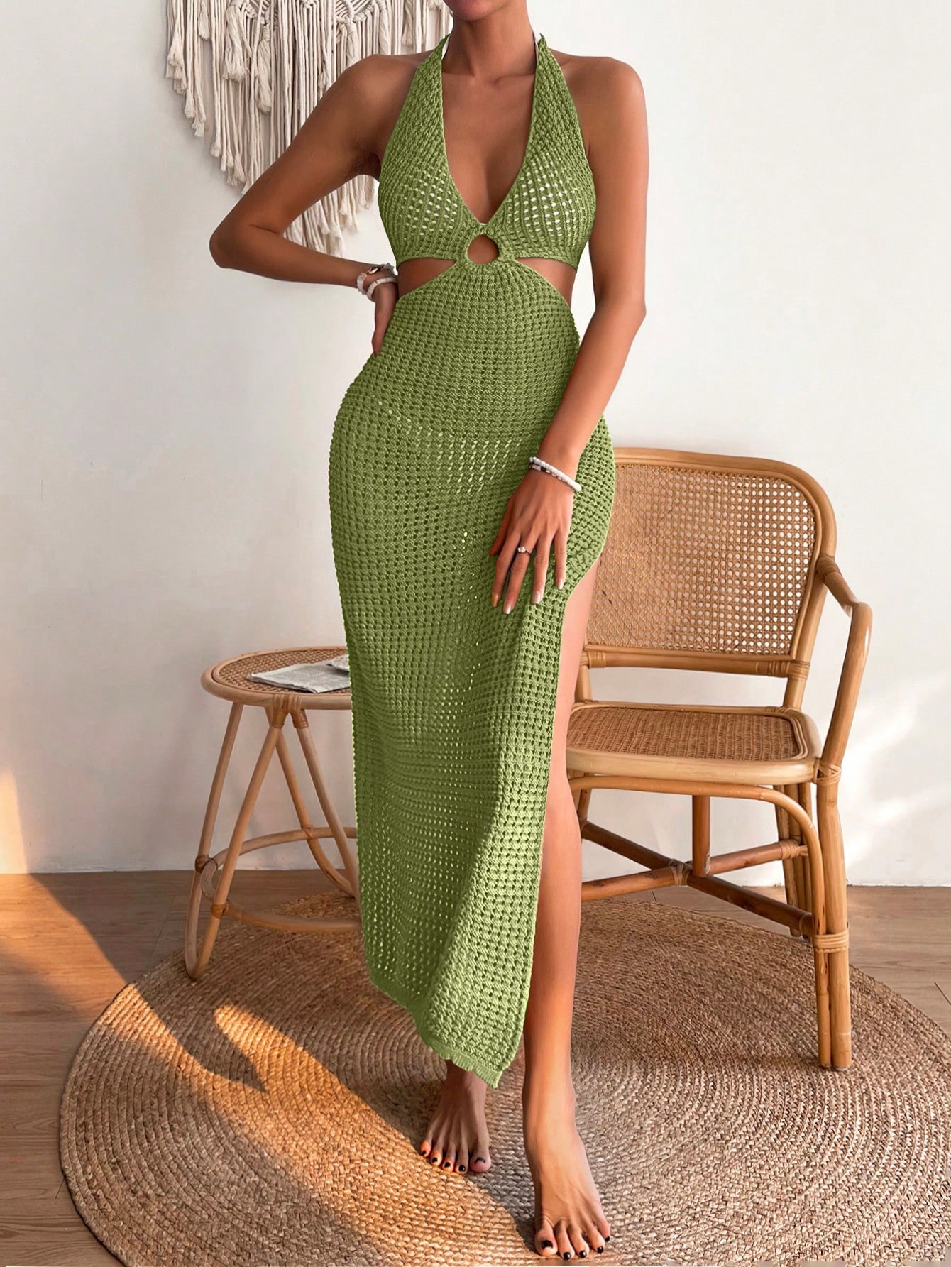 SHEIN Swim Beach Holiday Solid Color Halter Neck Backless Slit Cover Up Dress SHEIN EUR main 2
