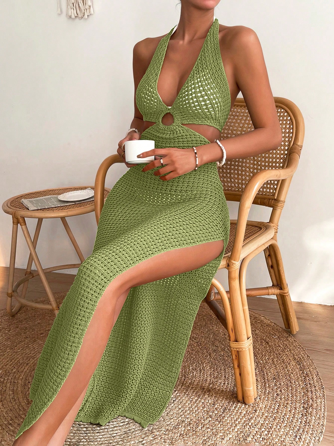 SHEIN Swim Beach Holiday Solid Color Halter Neck Backless Slit Cover Up Dress SHEIN EUR main 3