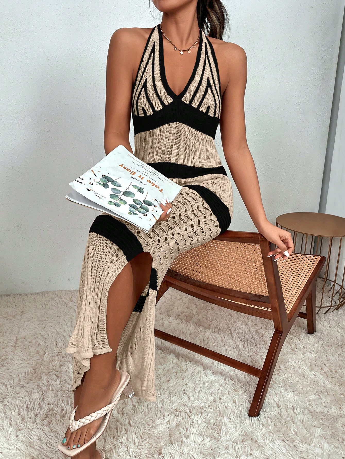 SHEIN Swim Colorblock Split V Neck Halter Cover Up Long Dress For VocationSummer Beach SHEIN EUR main 4