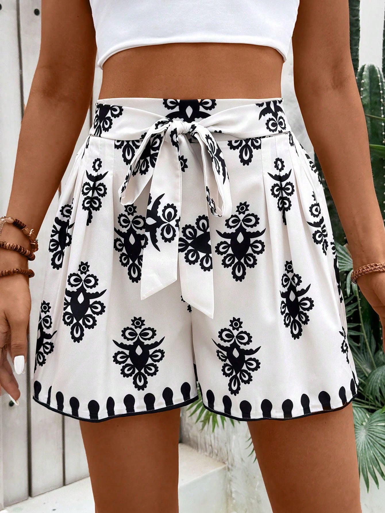 SHEIN VCAY Womens All Over Print Belted Summer Holiday Casual Shorts SHEIN EUR main 2