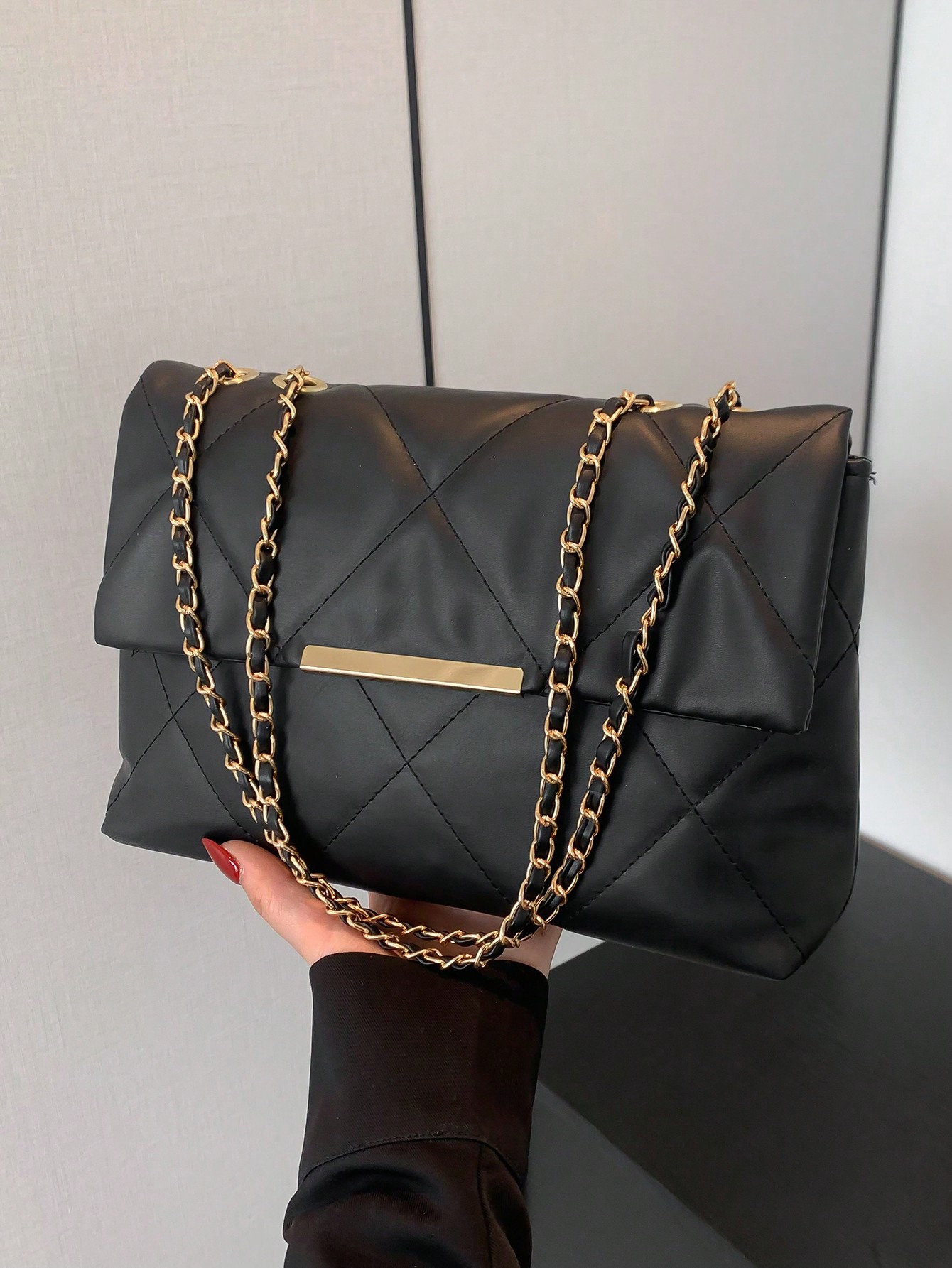 Rhombus Embroidered Chain Bag Simple Handbag Casual Shoulder Bag Fashion Crossbody Bag Double Buckle Double Chain Bag Flap Bag SHEIN EUR main 0