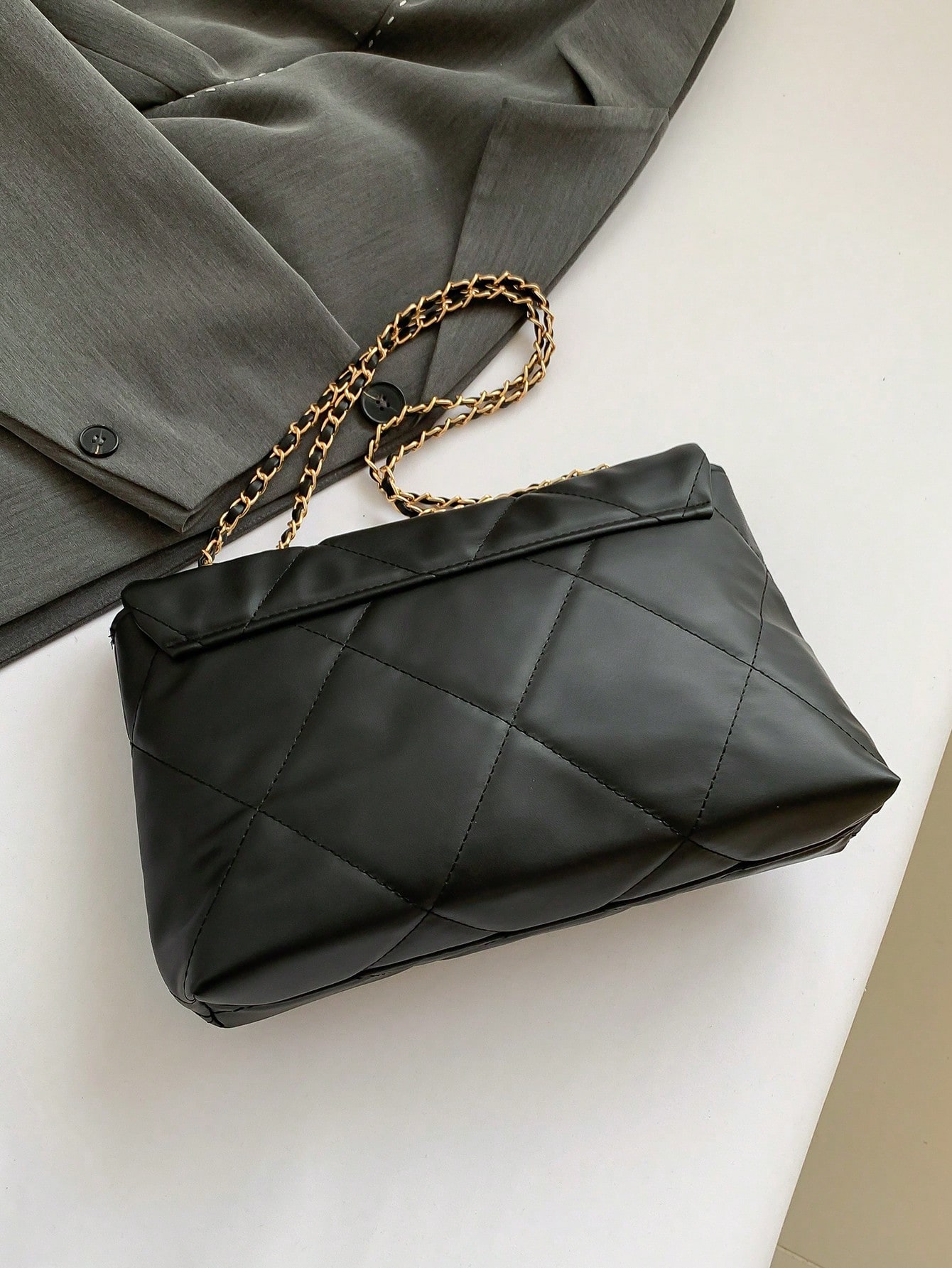 Rhombus Embroidered Chain Bag Simple Handbag Casual Shoulder Bag Fashion Crossbody Bag Double Buckle Double Chain Bag Flap Bag SHEIN EUR main 4