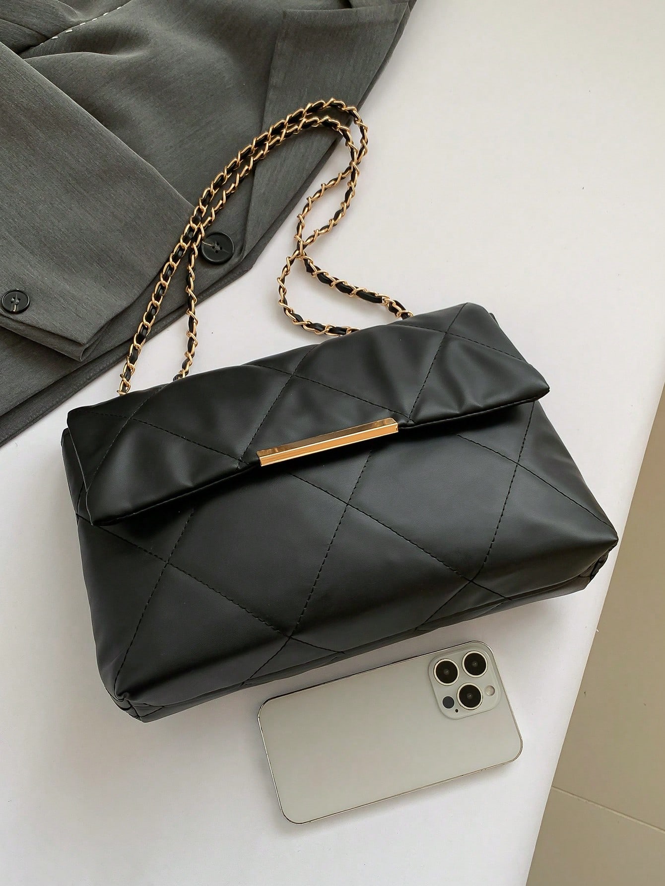 Rhombus Embroidered Chain Bag Simple Handbag Casual Shoulder Bag Fashion Crossbody Bag Double Buckle Double Chain Bag Flap Bag SHEIN EUR main 5