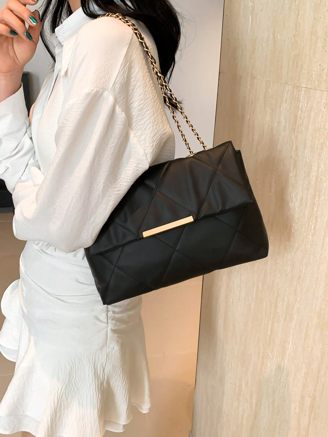 Rhombus Embroidered Chain Bag Simple Handbag Casual Shoulder Bag Fashion Crossbody Bag Double Buckle Double Chain Bag Flap Bag SHEIN EUR main 8