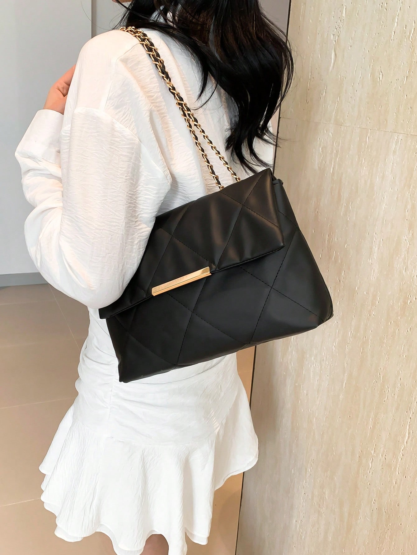Rhombus Embroidered Chain Bag Simple Handbag Casual Shoulder Bag Fashion Crossbody Bag Double Buckle Double Chain Bag Flap Bag SHEIN EUR main 9