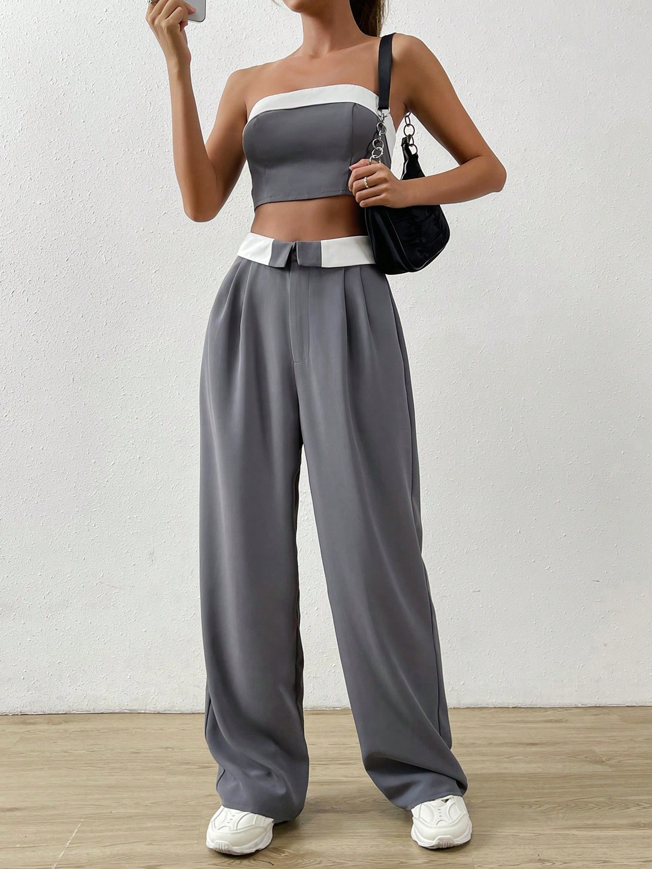 SHEIN EZwear Contrast Trim Tube Top Straight Leg Pants SHEIN EUR main 0