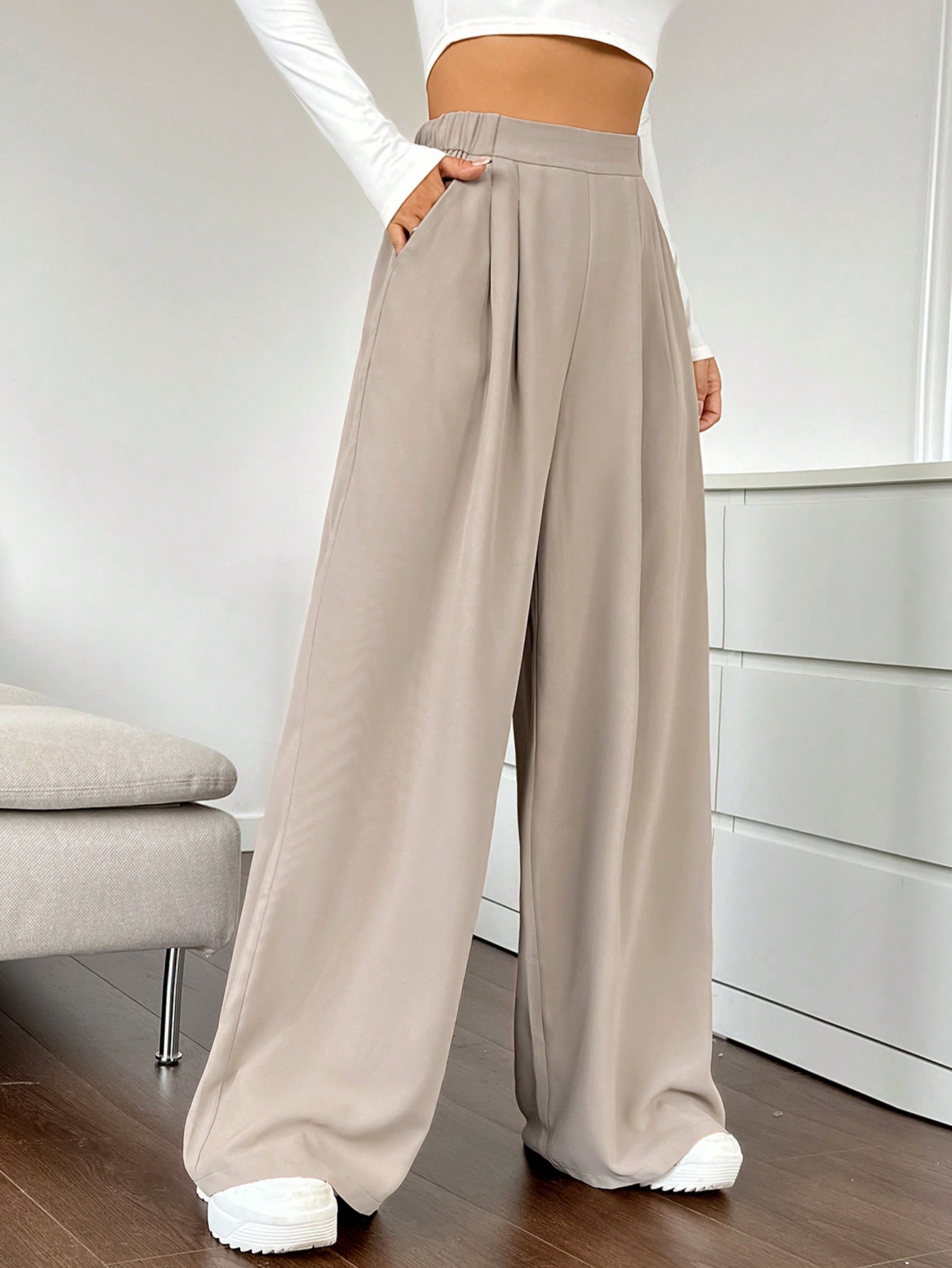 SHEIN EZwear High Waist Plicated Detail Wide Leg Pants SHEIN EUR main 3
